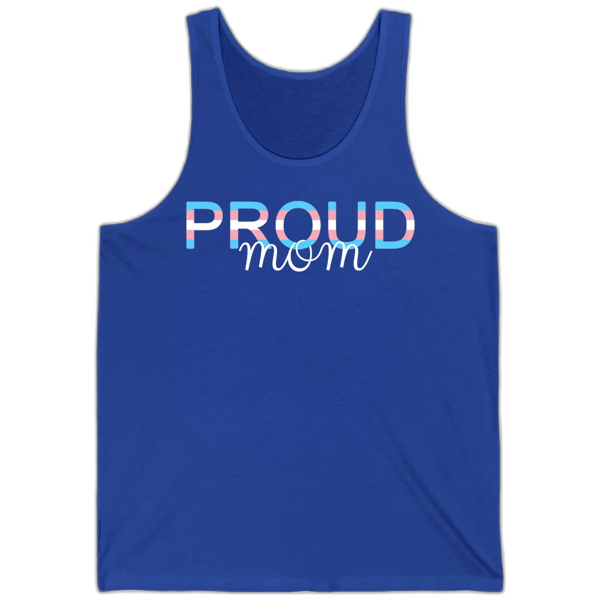 Proud mom pride design with bold striped rainbow letters in cyan, pink, and white on gray background in True Royal