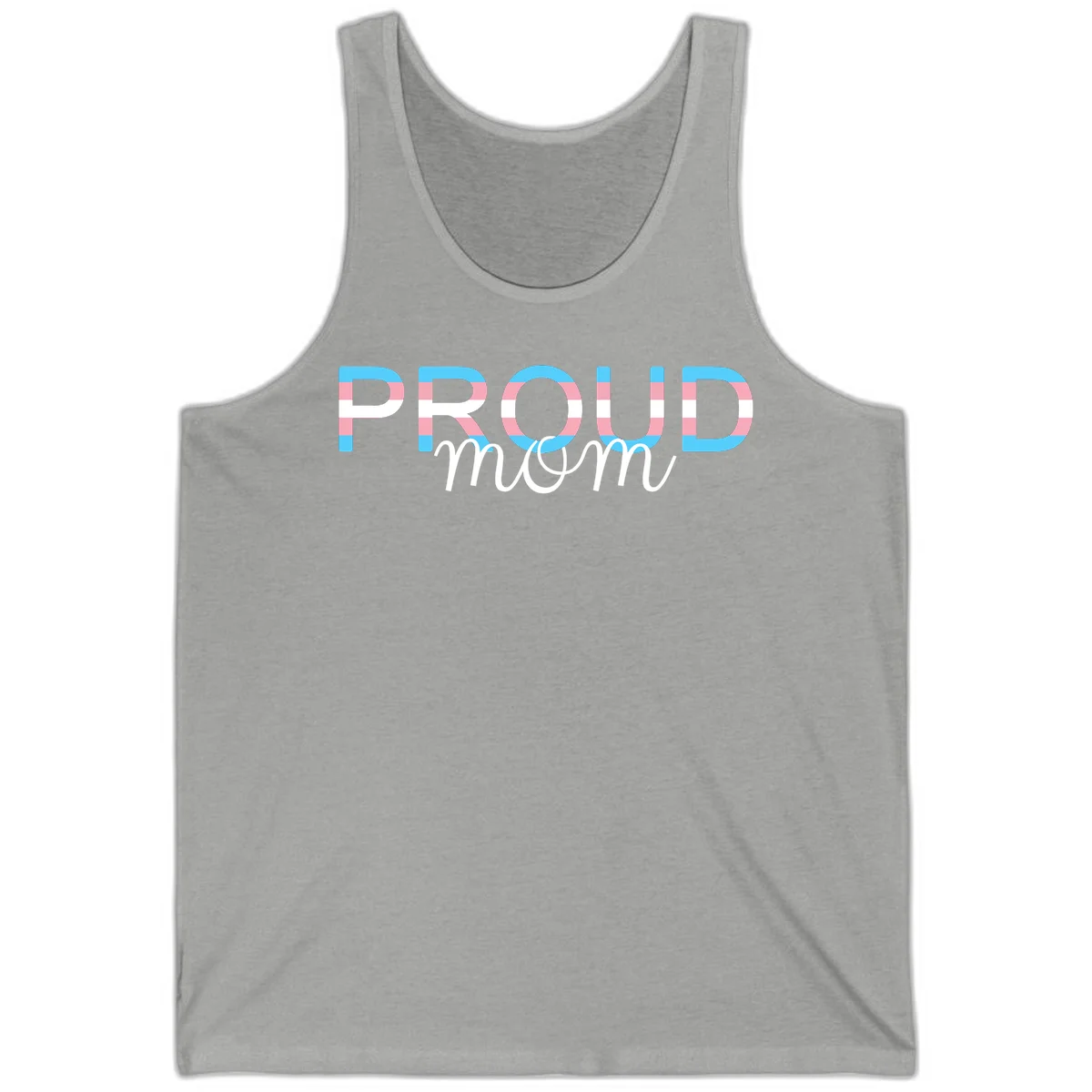 Proud mom pride design with bold striped rainbow letters in cyan, pink, and white on gray background in Athletic Heather