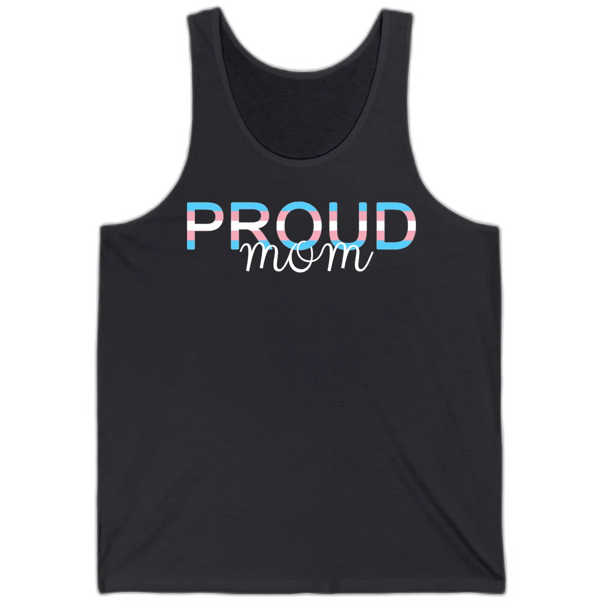 Proud mom pride design with bold striped rainbow letters in cyan, pink, and white on gray background in Dark Grey
