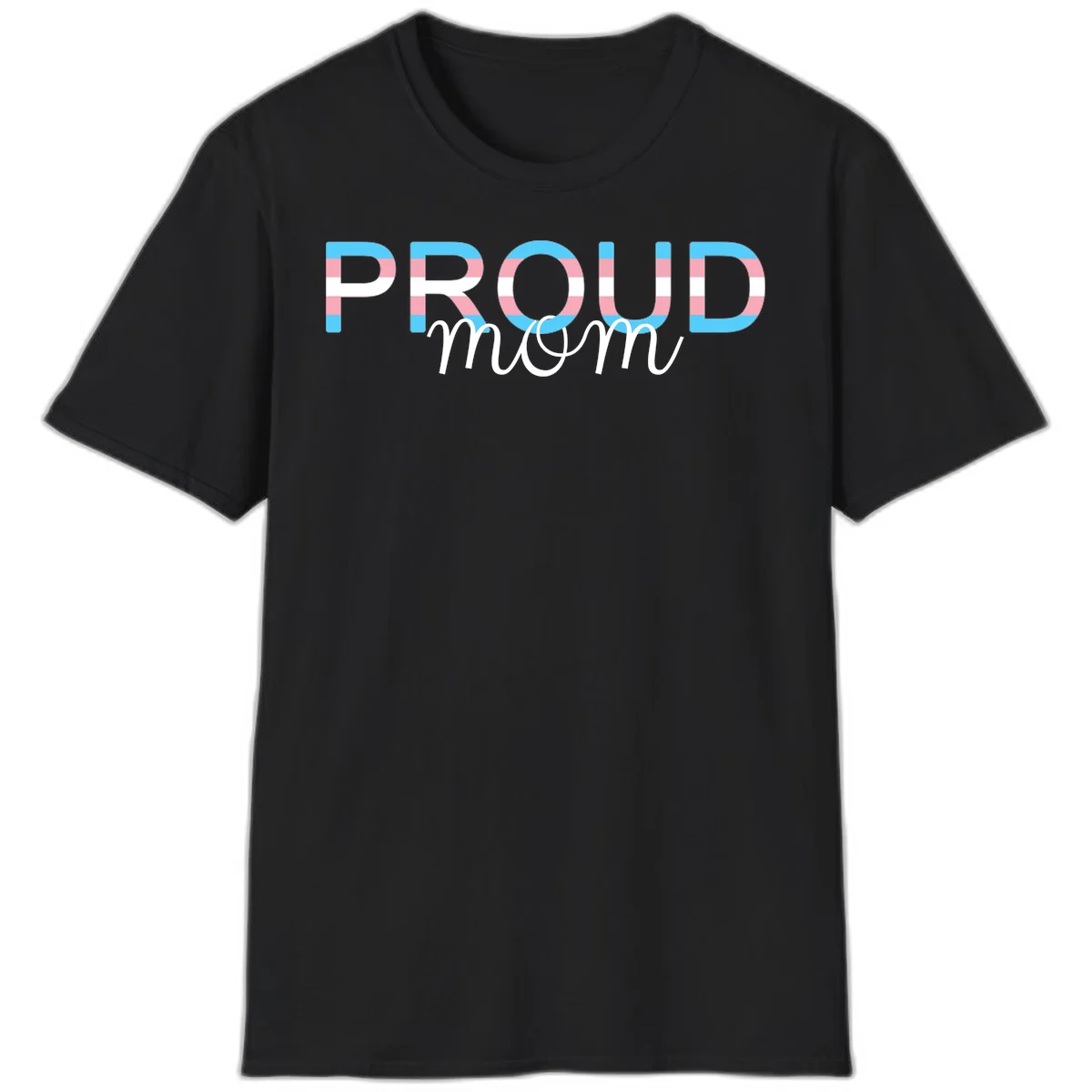 Proud mom pride design with bold striped rainbow letters in cyan, pink, and white on gray background in Black