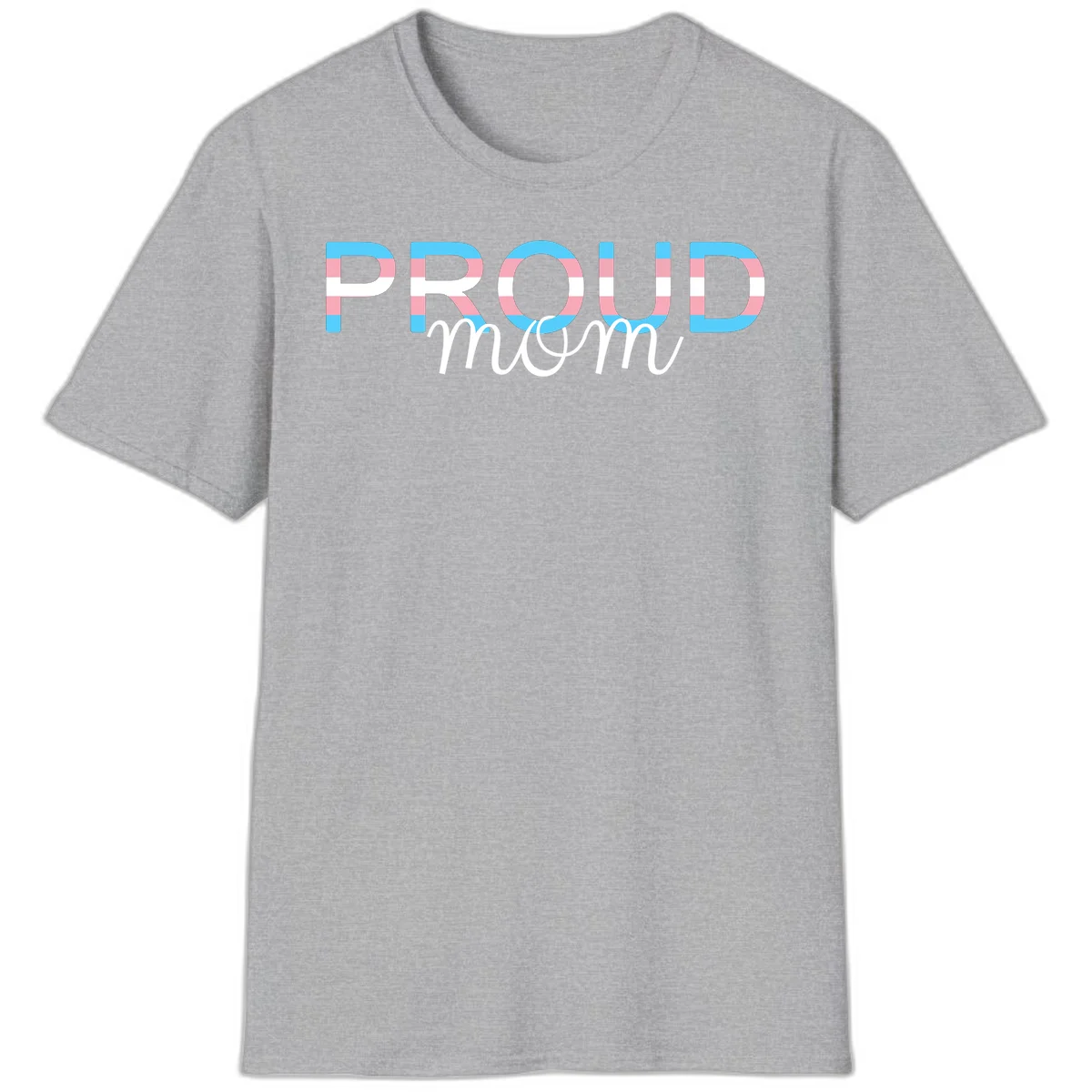 Proud mom pride design with bold striped rainbow letters in cyan, pink, and white on gray background in Sport Grey