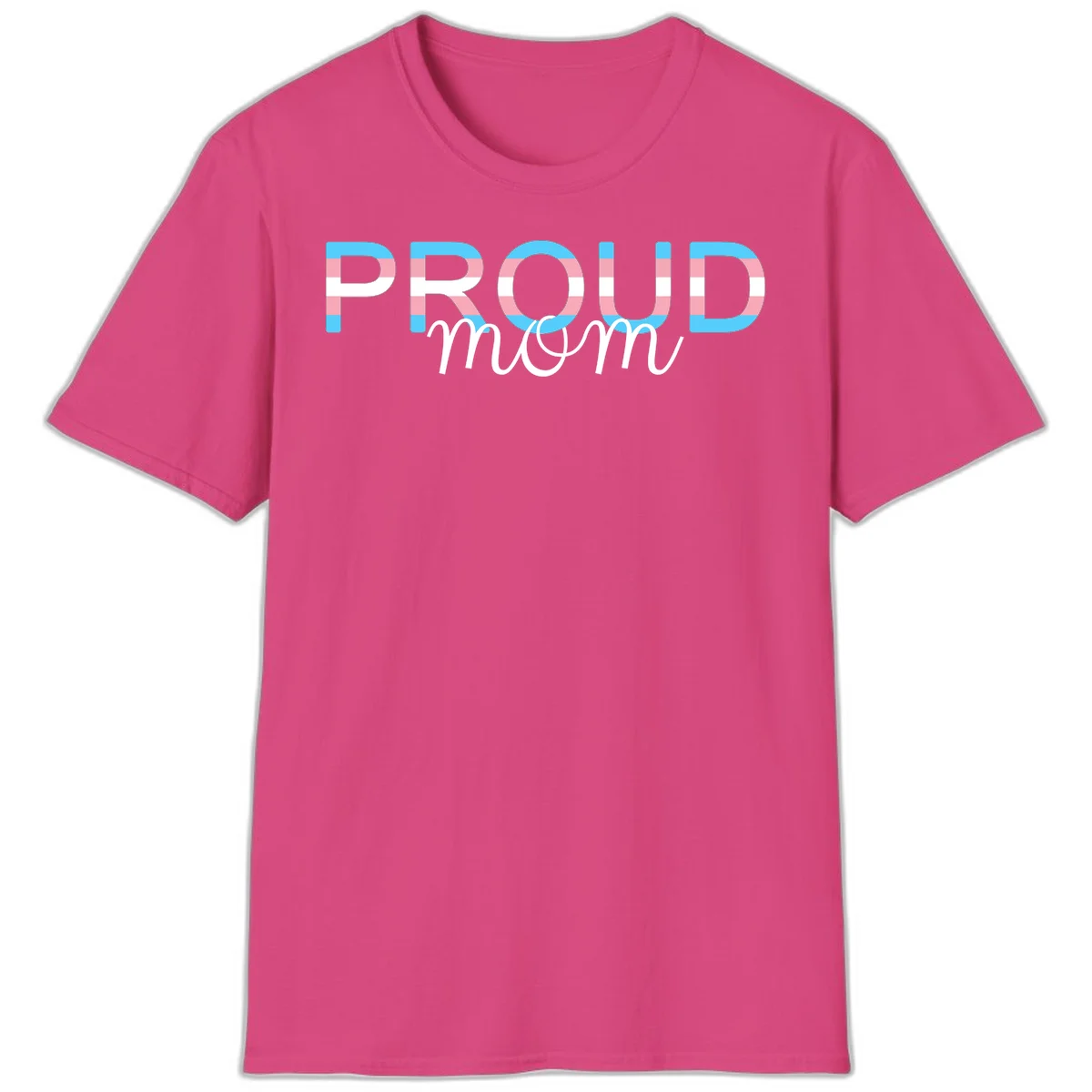 Proud mom pride design with bold striped rainbow letters in cyan, pink, and white on gray background in Heliconia