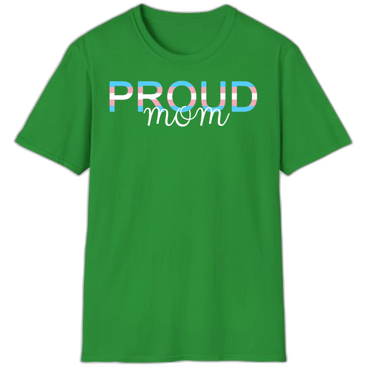 Proud mom pride design with bold striped rainbow letters in cyan, pink, and white on gray background in Irish Green