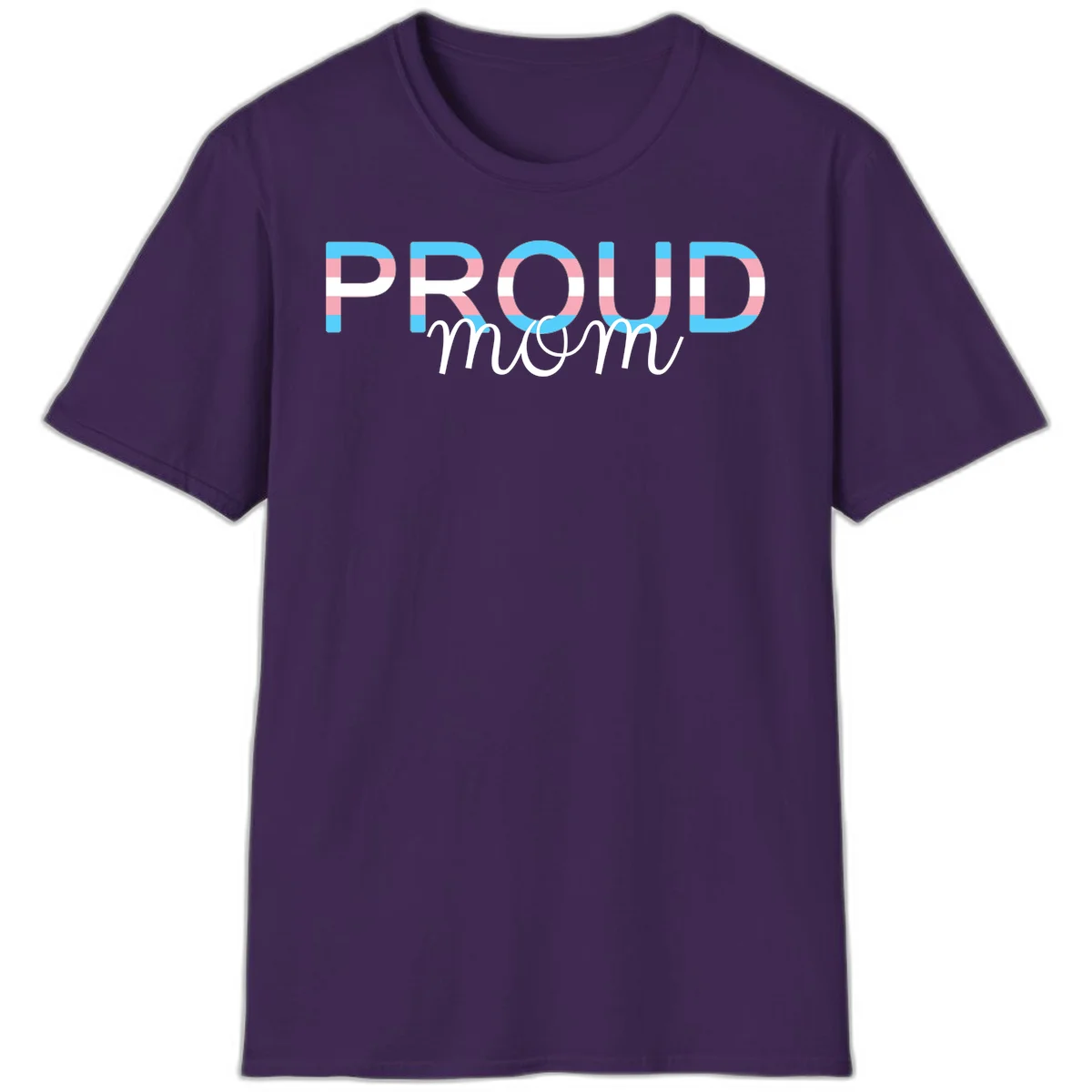 Proud mom pride design with bold striped rainbow letters in cyan, pink, and white on gray background in Purple