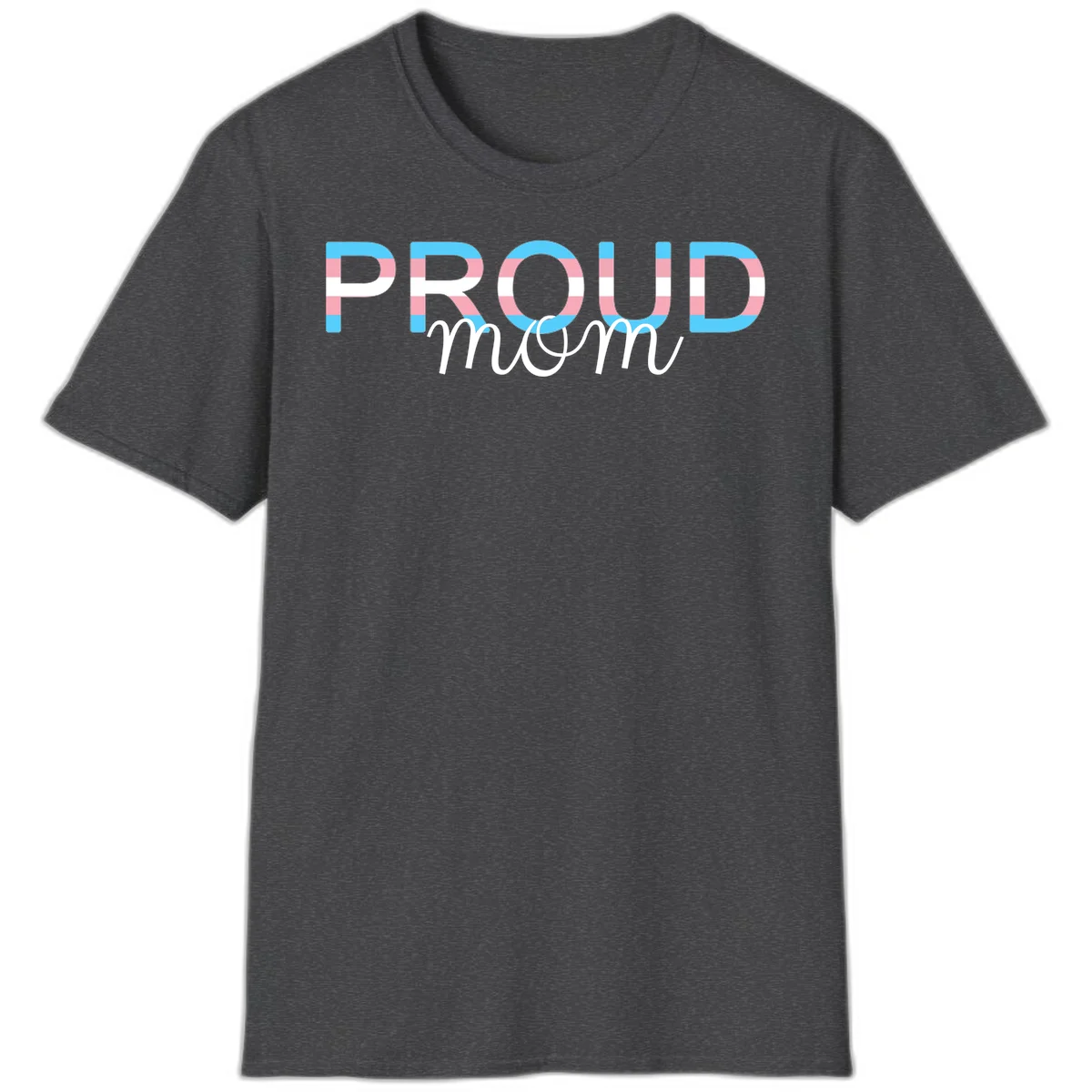 Proud mom pride design with bold striped rainbow letters in cyan, pink, and white on gray background in Dark Heather
