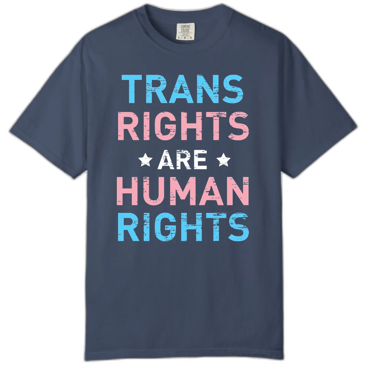 Distressed typography design reading 'TRANS RIGHTS ARE HUMAN RIGHTS' in cyan, pink, and white text with decorative stars on gray background in Midnight