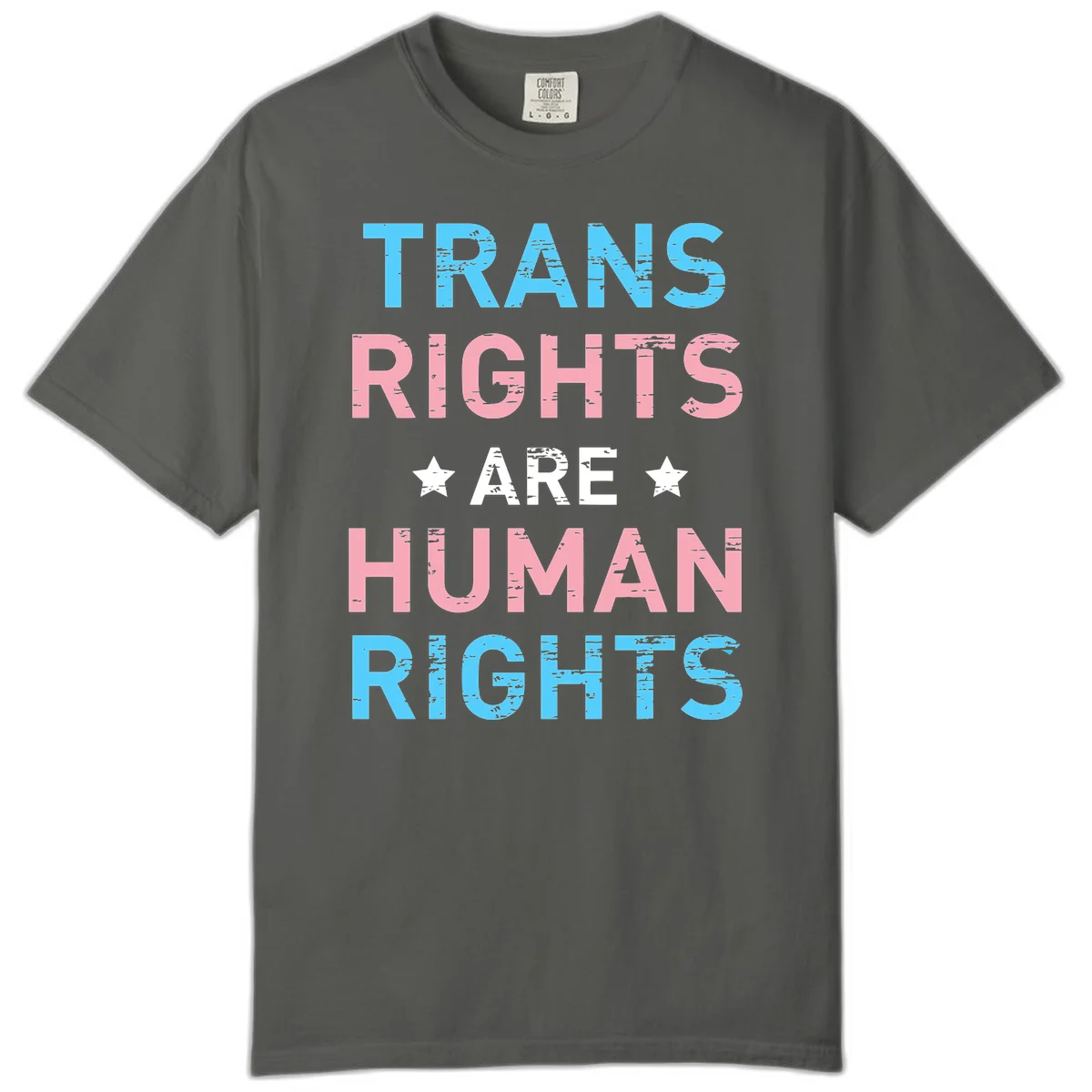 Distressed typography design reading 'TRANS RIGHTS ARE HUMAN RIGHTS' in cyan, pink, and white text with decorative stars on gray background in Pepper