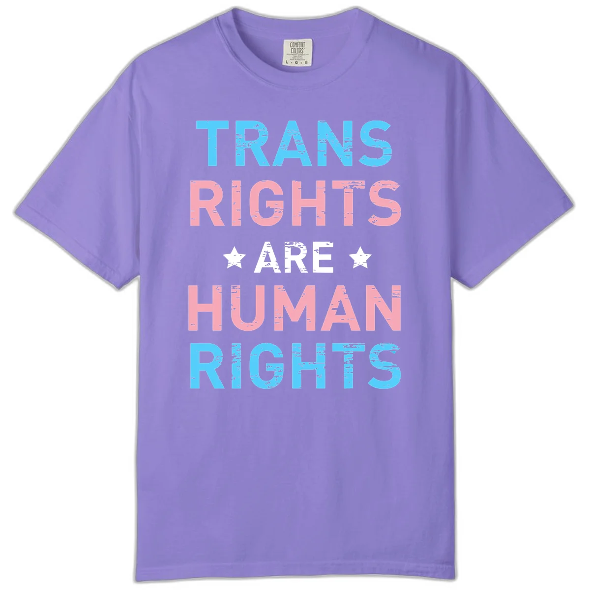 Distressed typography design reading 'TRANS RIGHTS ARE HUMAN RIGHTS' in cyan, pink, and white text with decorative stars on gray background in Violet