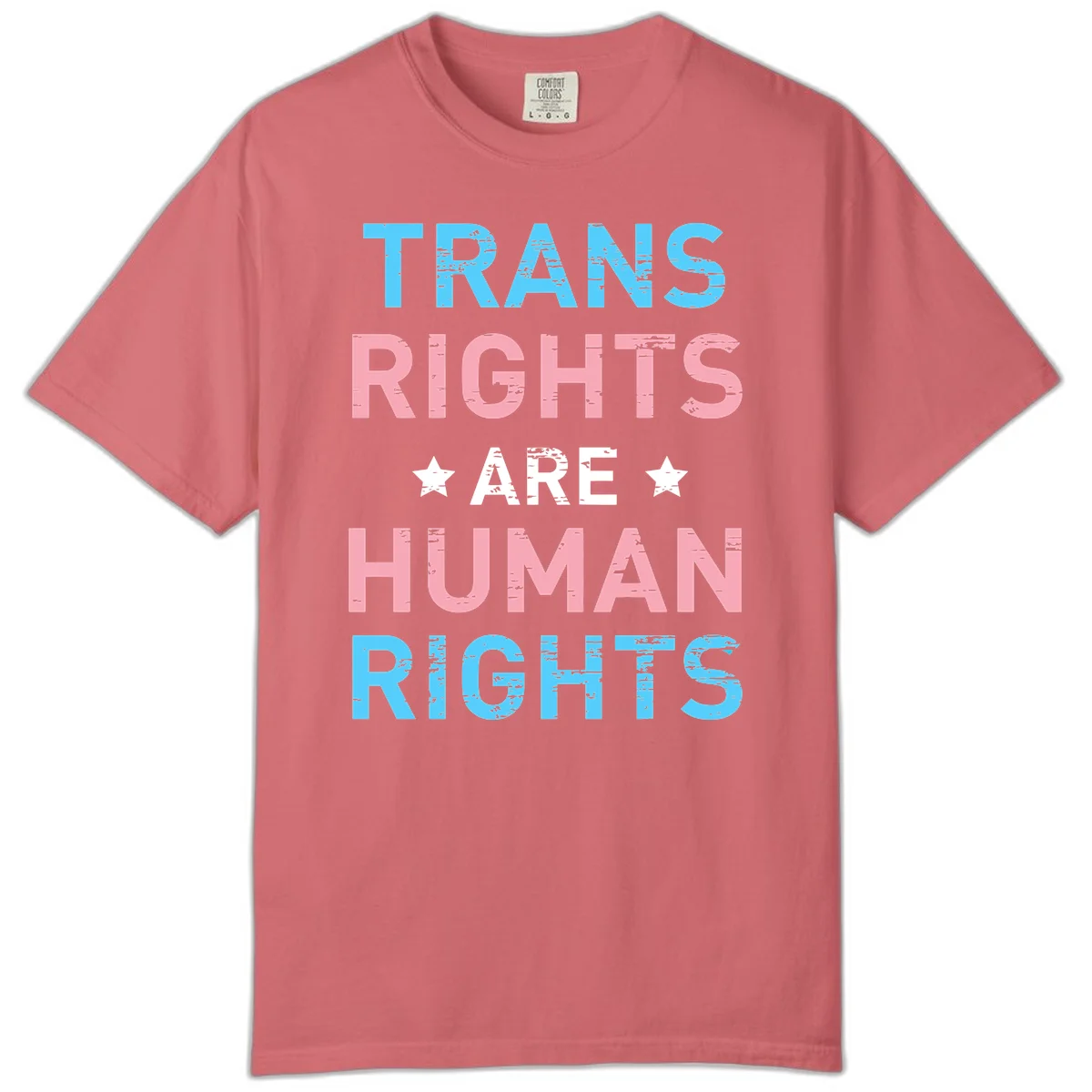 Distressed typography design reading 'TRANS RIGHTS ARE HUMAN RIGHTS' in cyan, pink, and white text with decorative stars on gray background in Watermelon