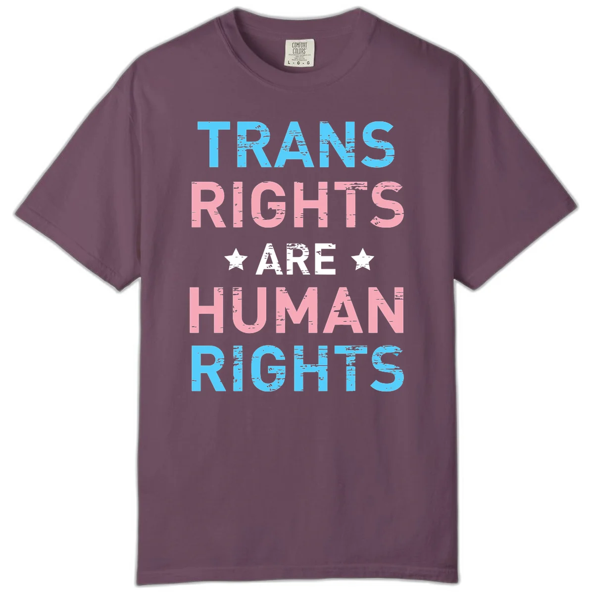 Distressed typography design reading 'TRANS RIGHTS ARE HUMAN RIGHTS' in cyan, pink, and white text with decorative stars on gray background in Berry