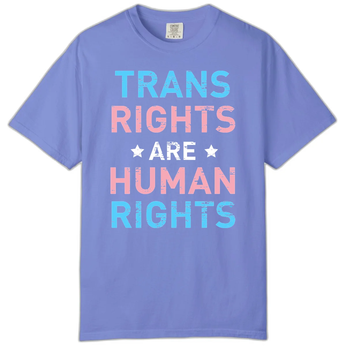 Distressed typography design reading 'TRANS RIGHTS ARE HUMAN RIGHTS' in cyan, pink, and white text with decorative stars on gray background in Flo Blue