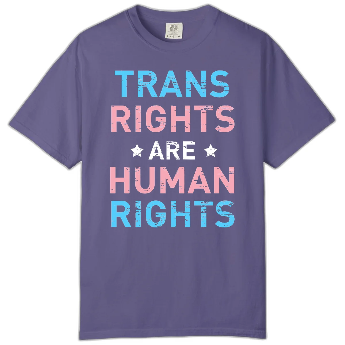 Distressed typography design reading 'TRANS RIGHTS ARE HUMAN RIGHTS' in cyan, pink, and white text with decorative stars on gray background in Grape