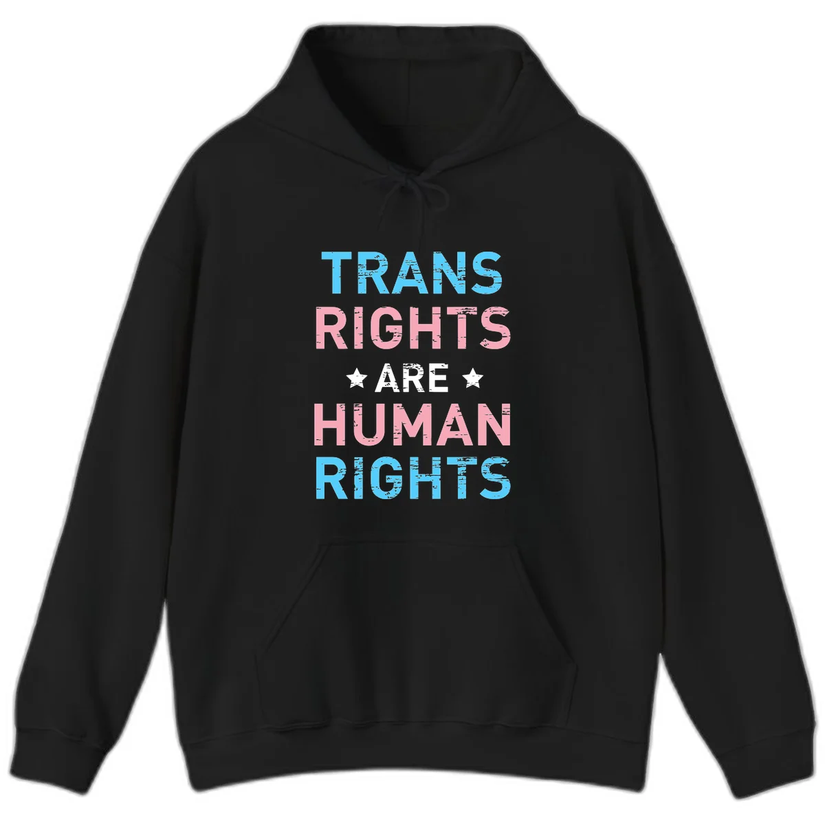 Distressed typography design reading 'TRANS RIGHTS ARE HUMAN RIGHTS' in cyan, pink, and white text with decorative stars on gray background in Black