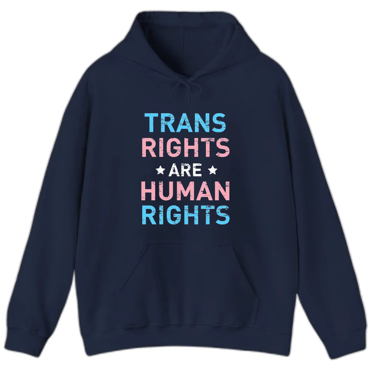 Distressed typography design reading 'TRANS RIGHTS ARE HUMAN RIGHTS' in cyan, pink, and white text with decorative stars on gray background in Navy