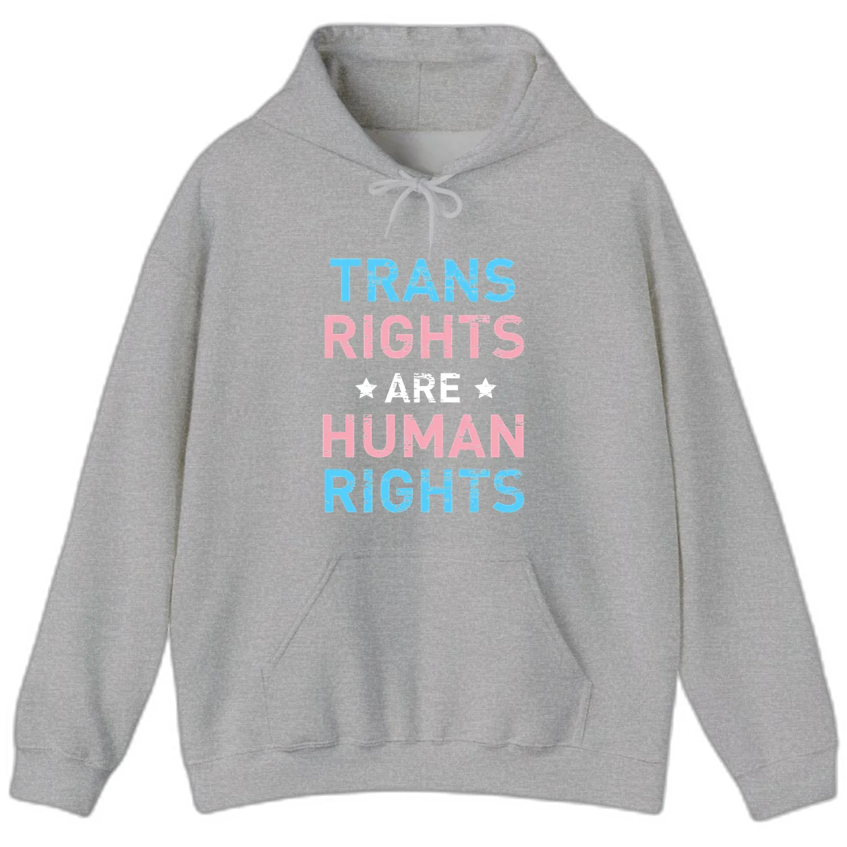 Distressed typography design reading 'TRANS RIGHTS ARE HUMAN RIGHTS' in cyan, pink, and white text with decorative stars on gray background in Sport Grey