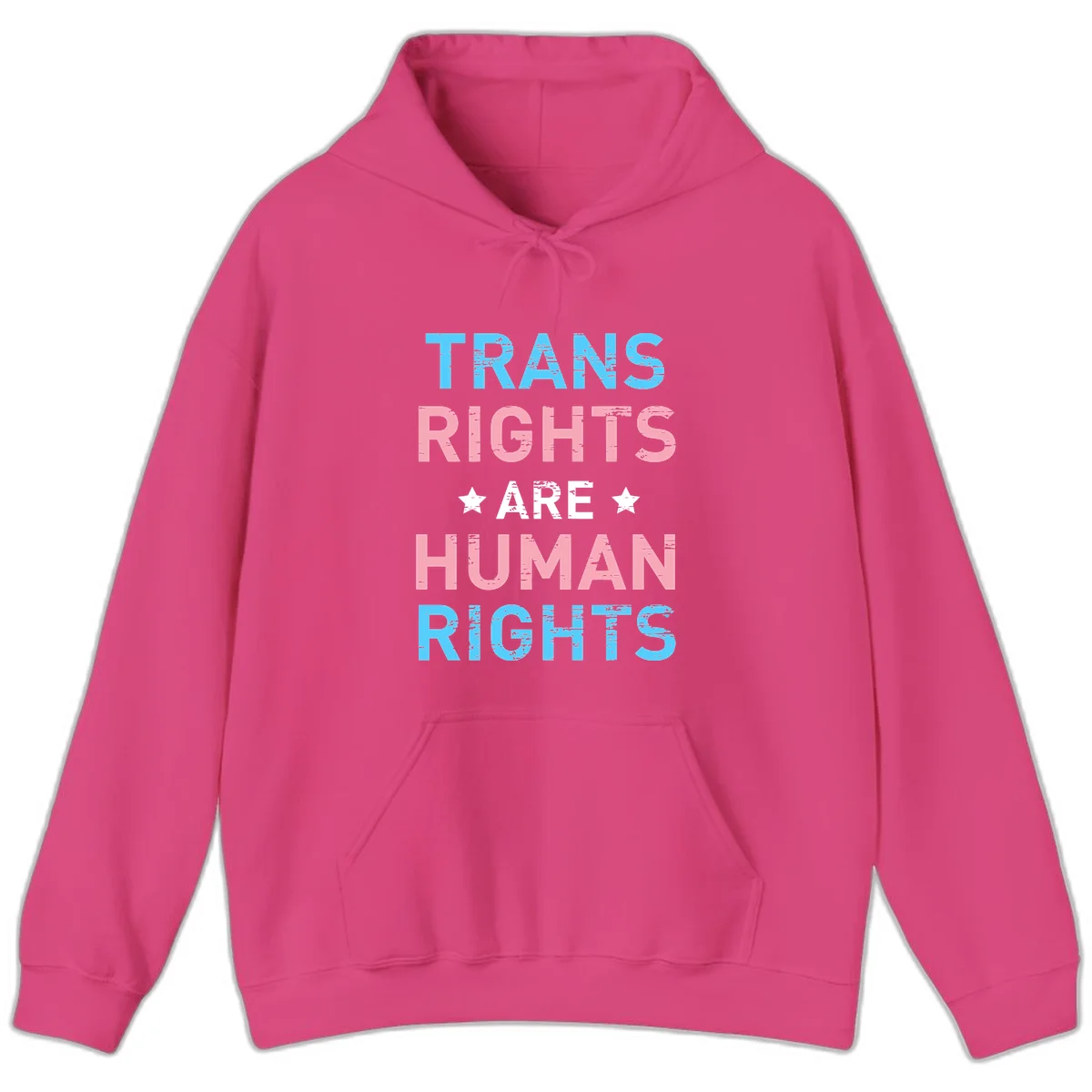 Distressed typography design reading 'TRANS RIGHTS ARE HUMAN RIGHTS' in cyan, pink, and white text with decorative stars on gray background in Heliconia