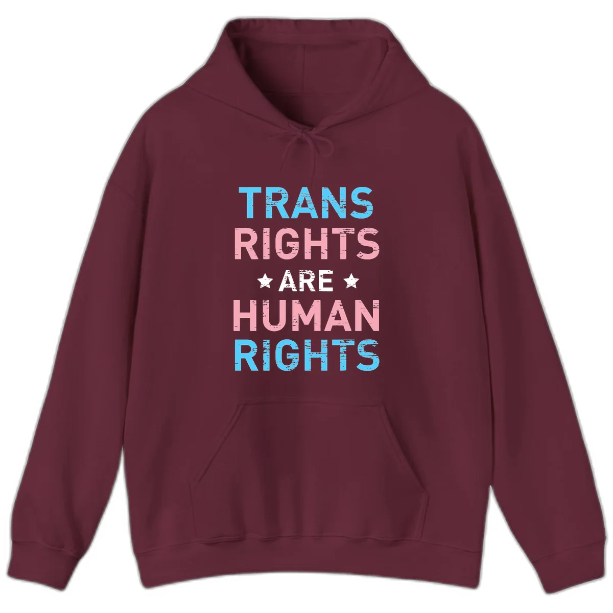 Distressed typography design reading 'TRANS RIGHTS ARE HUMAN RIGHTS' in cyan, pink, and white text with decorative stars on gray background in Maroon