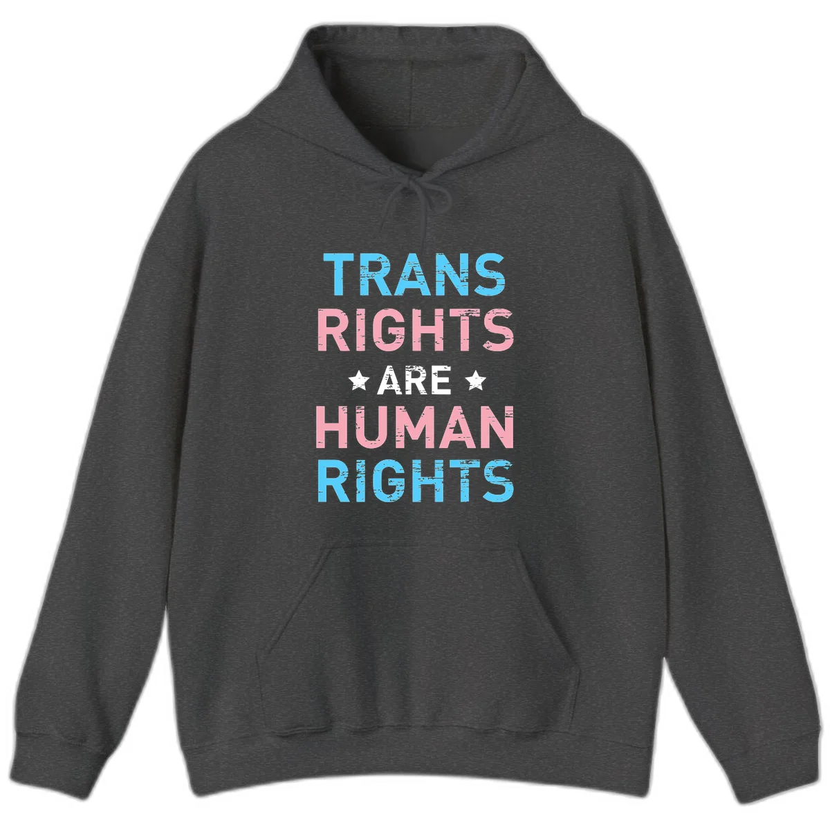 Distressed typography design reading 'TRANS RIGHTS ARE HUMAN RIGHTS' in cyan, pink, and white text with decorative stars on gray background in Dark Heather