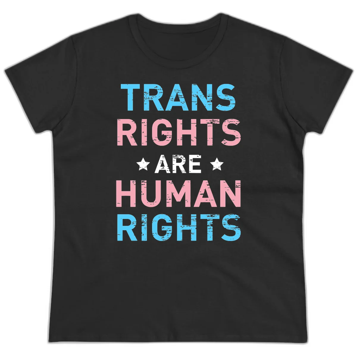 Distressed typography design reading 'TRANS RIGHTS ARE HUMAN RIGHTS' in cyan, pink, and white text with decorative stars on gray background in Black