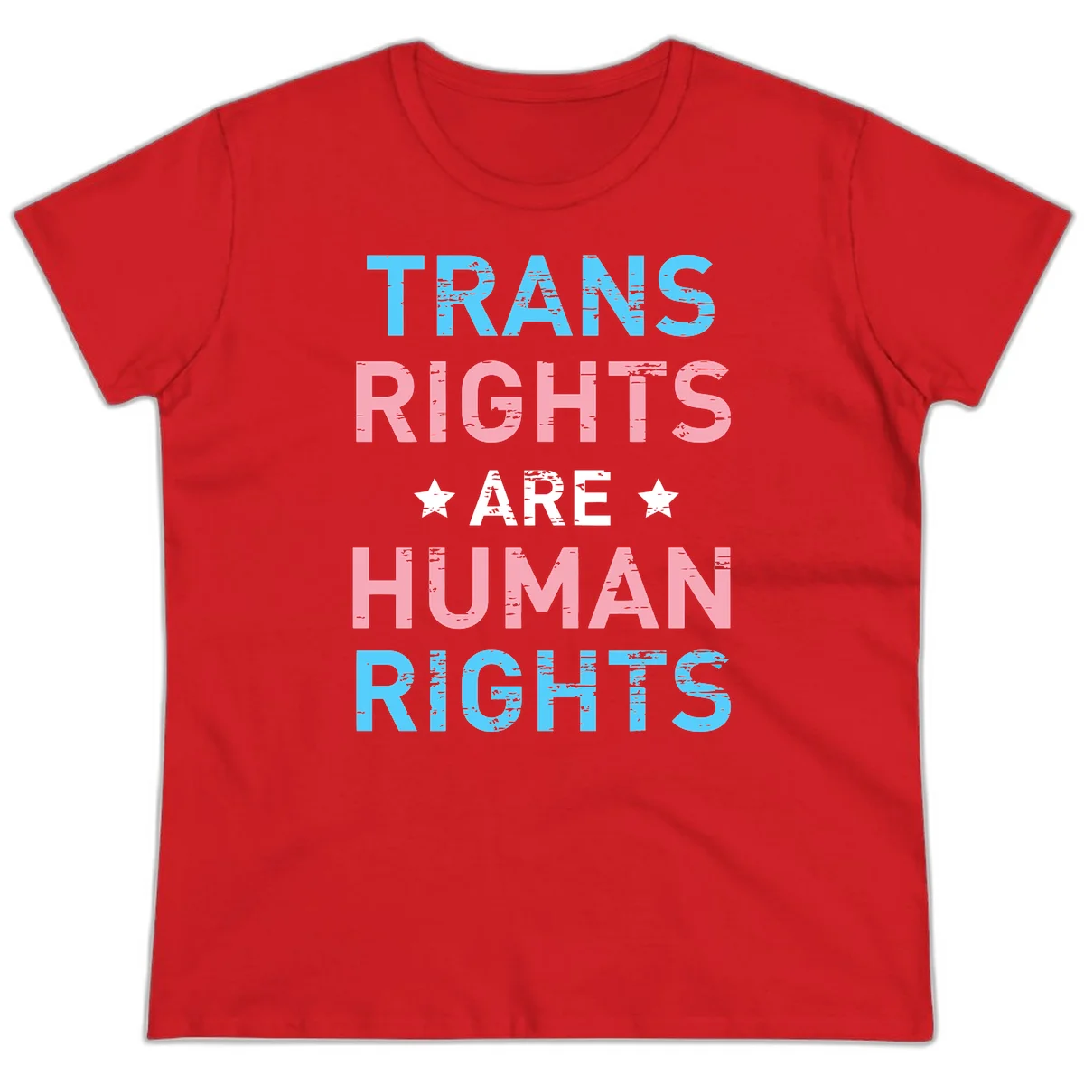 Distressed typography design reading 'TRANS RIGHTS ARE HUMAN RIGHTS' in cyan, pink, and white text with decorative stars on gray background in Red