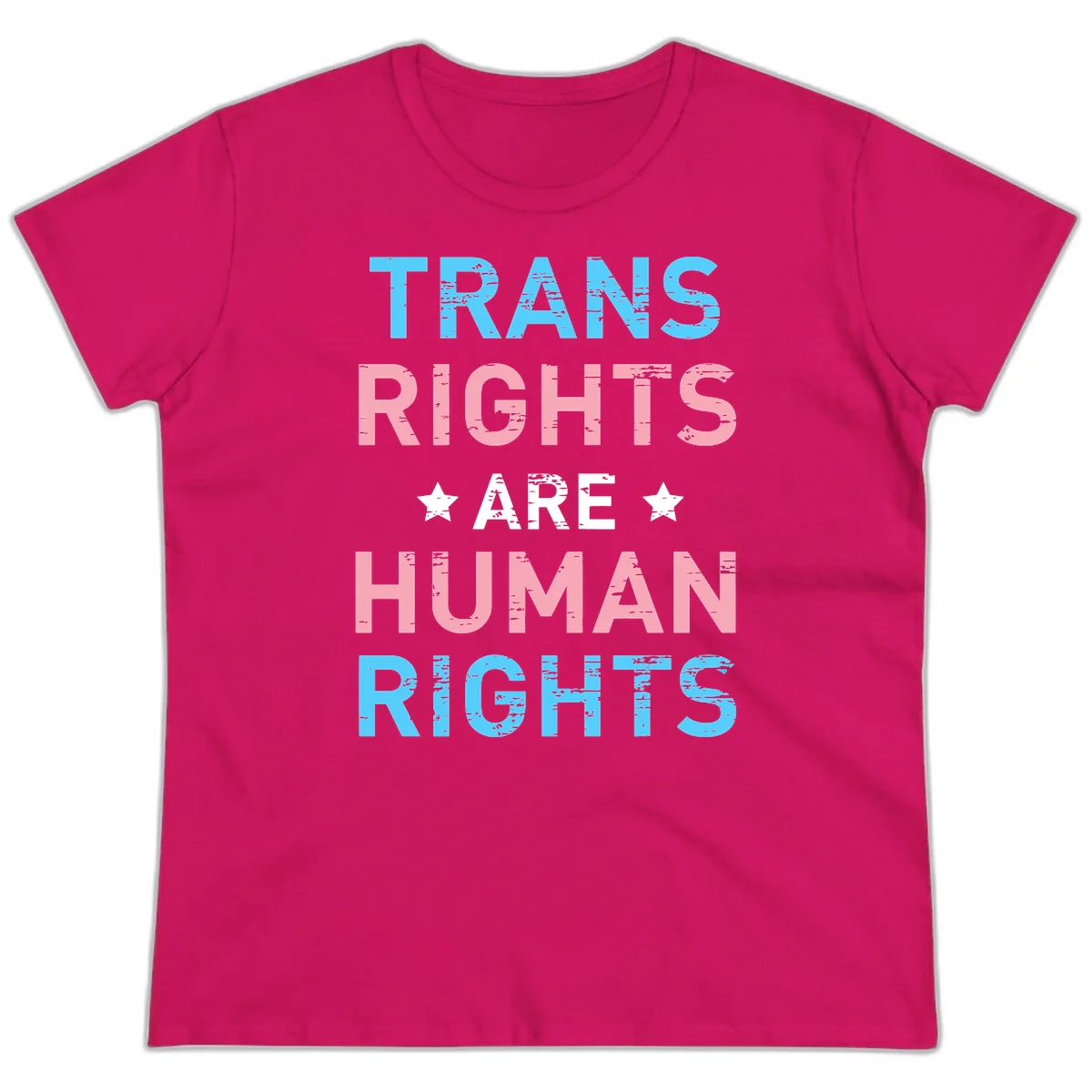 Distressed typography design reading 'TRANS RIGHTS ARE HUMAN RIGHTS' in cyan, pink, and white text with decorative stars on gray background in Heliconia