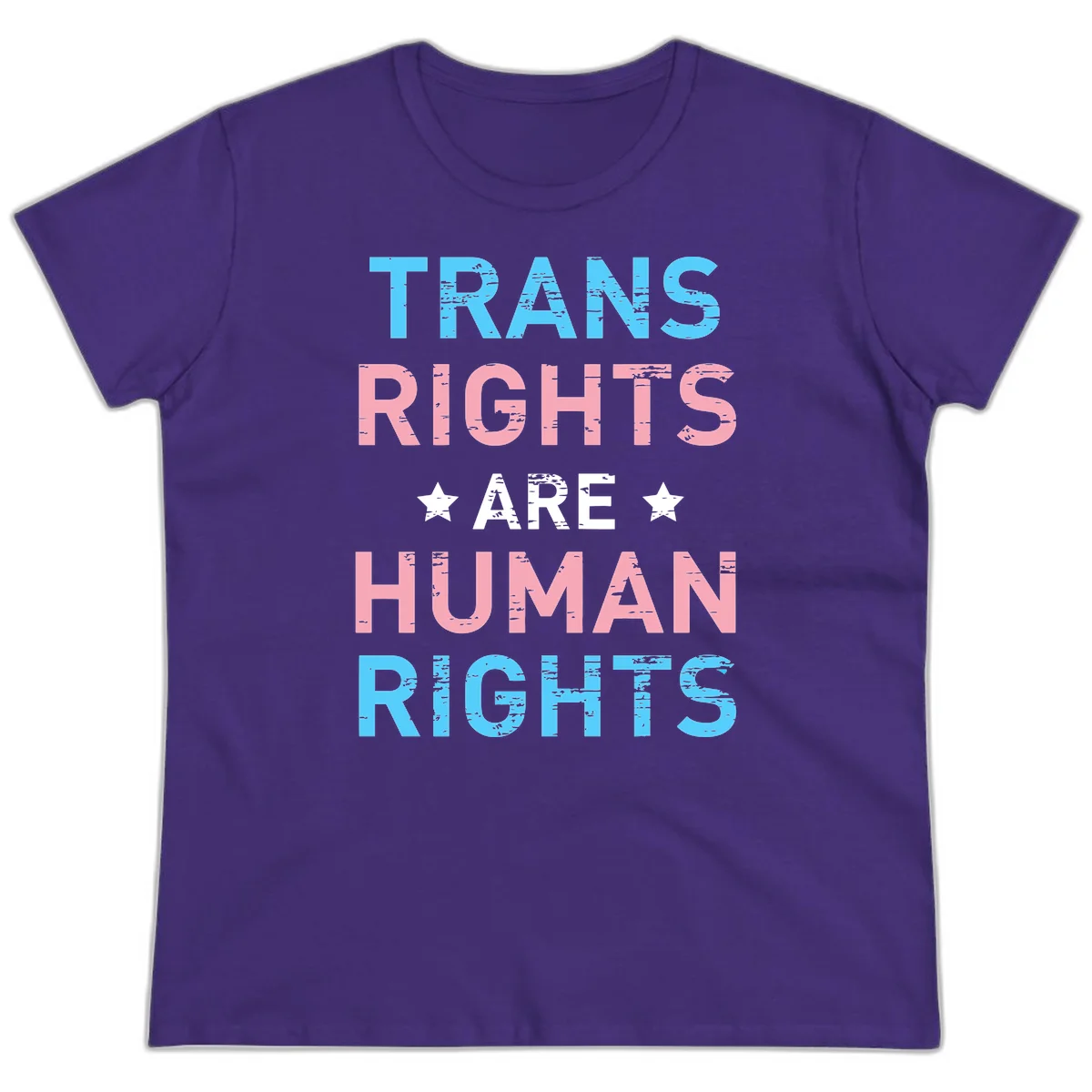 Distressed typography design reading 'TRANS RIGHTS ARE HUMAN RIGHTS' in cyan, pink, and white text with decorative stars on gray background in Purple