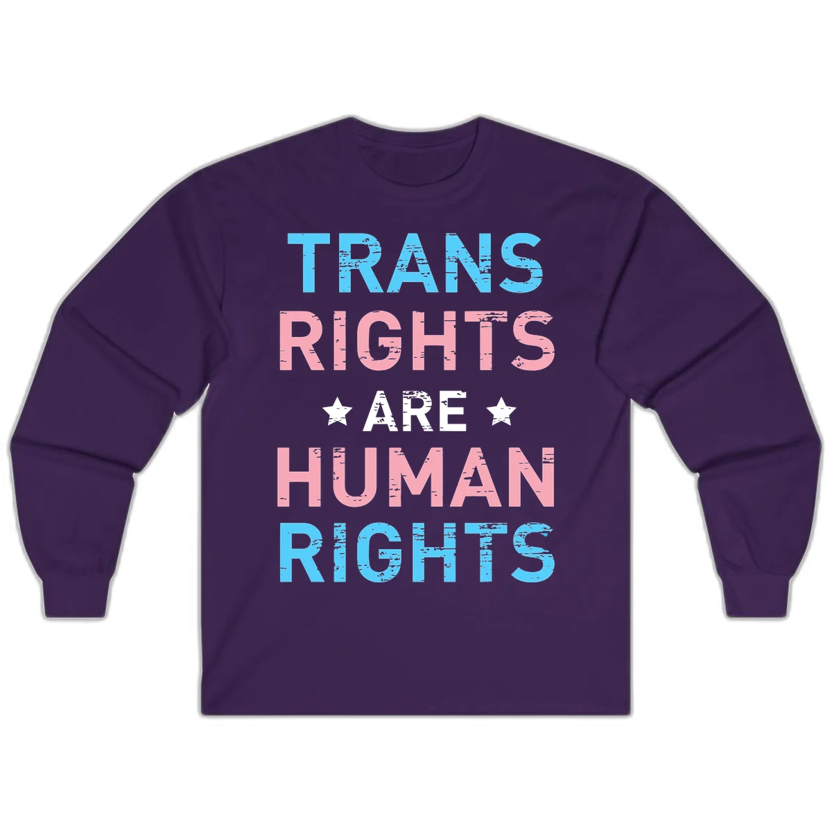 Distressed typography design reading 'TRANS RIGHTS ARE HUMAN RIGHTS' in cyan, pink, and white text with decorative stars on gray background in Purple