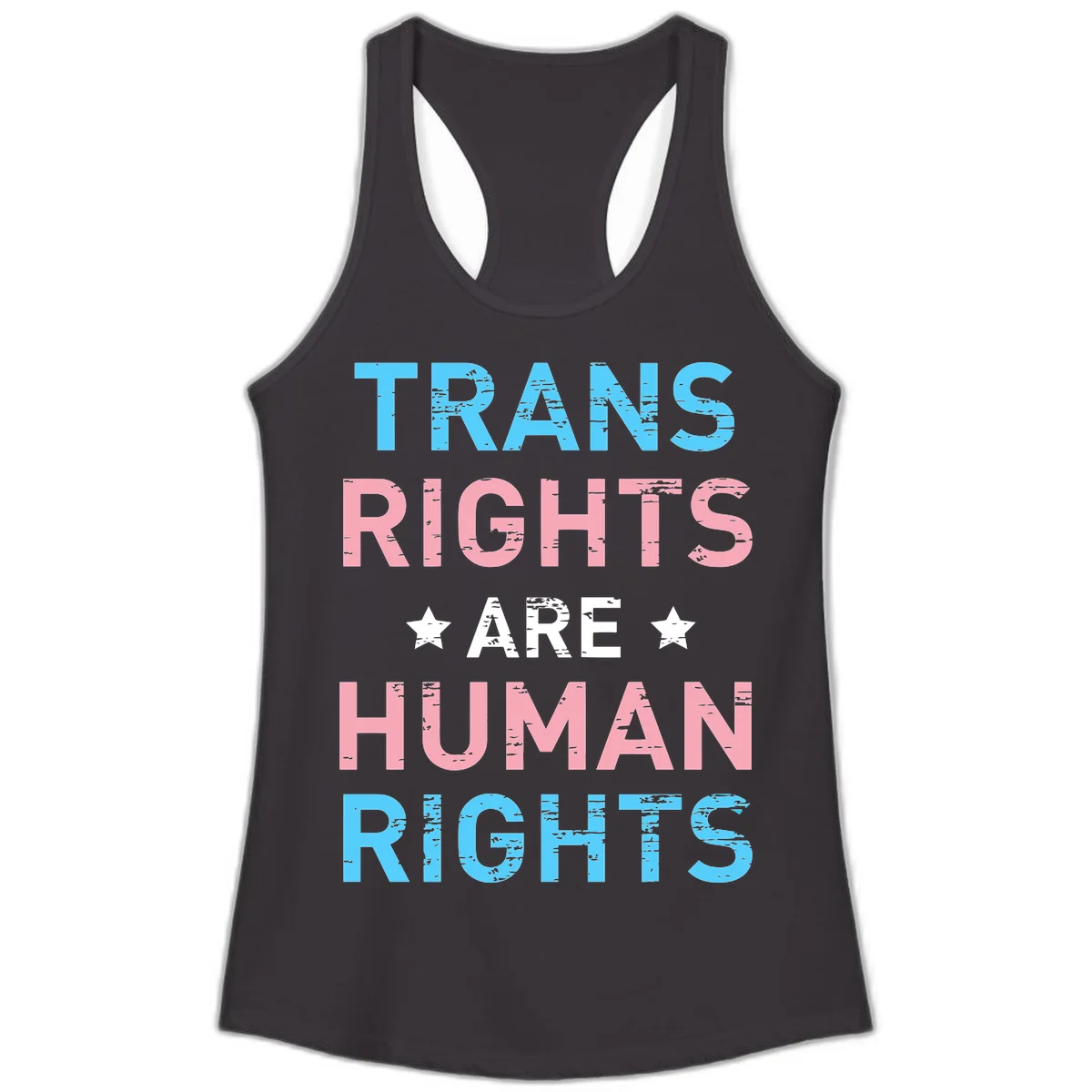 Distressed typography design reading 'TRANS RIGHTS ARE HUMAN RIGHTS' in cyan, pink, and white text with decorative stars on gray background in Black