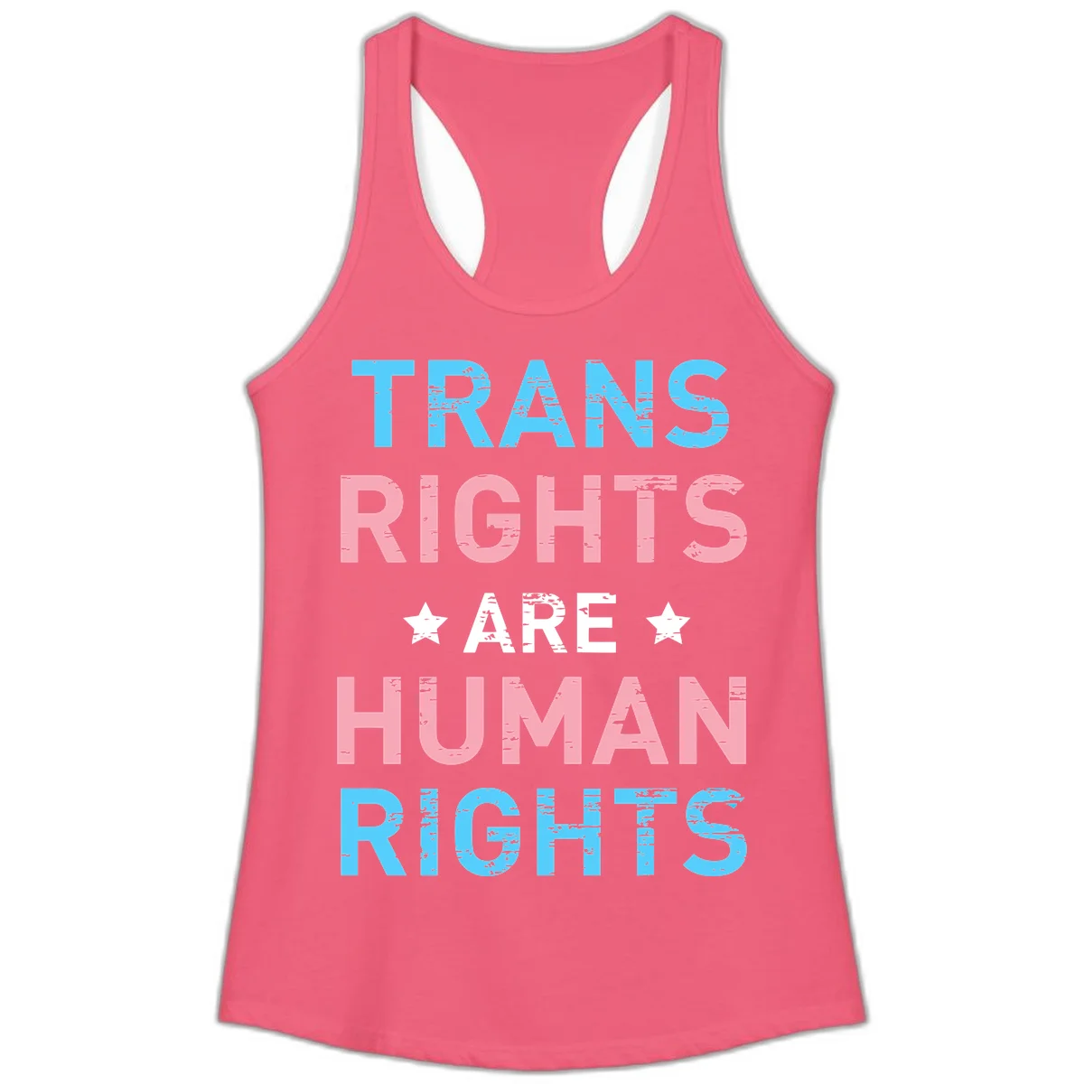 Distressed typography design reading 'TRANS RIGHTS ARE HUMAN RIGHTS' in cyan, pink, and white text with decorative stars on gray background in Hot Pink