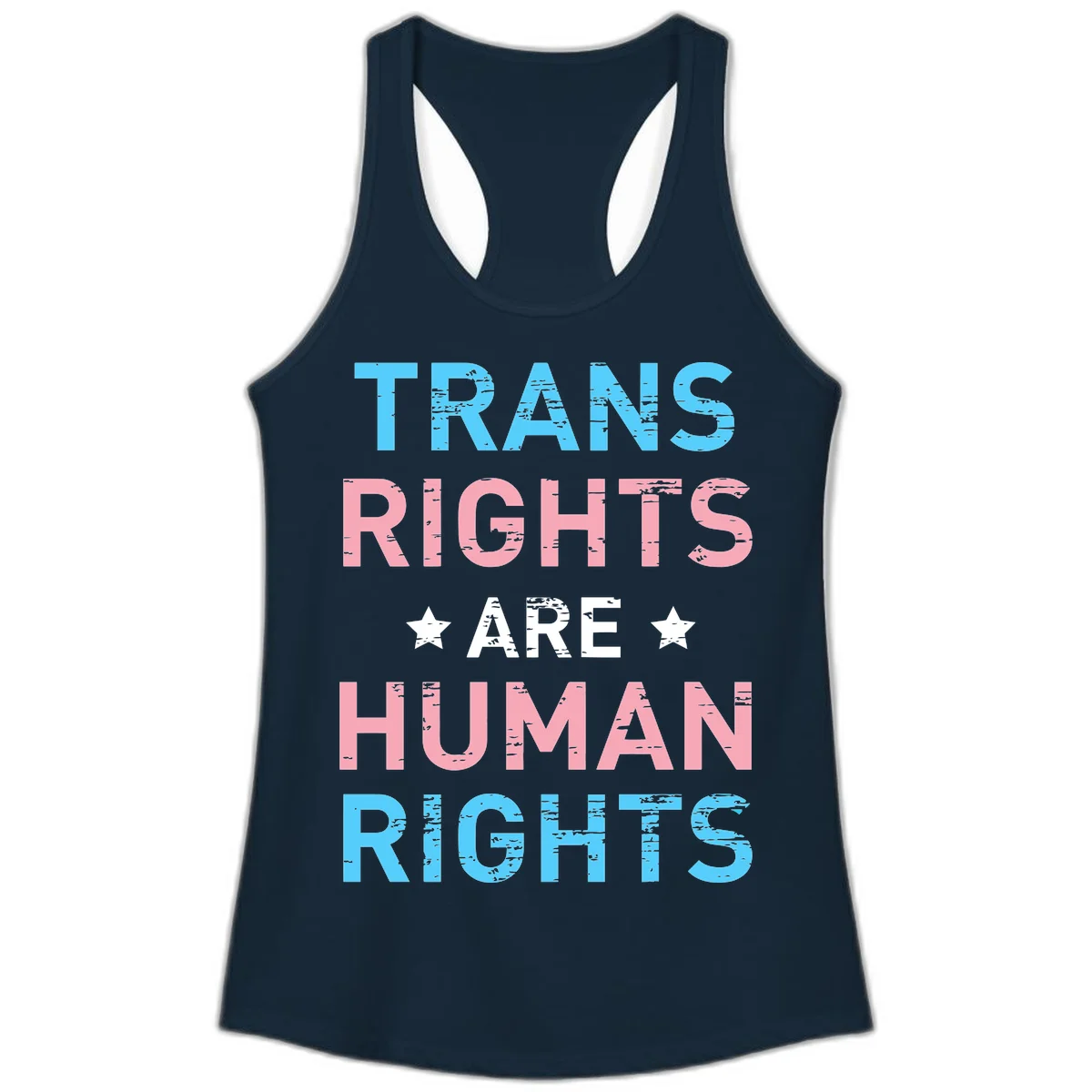 Distressed typography design reading 'TRANS RIGHTS ARE HUMAN RIGHTS' in cyan, pink, and white text with decorative stars on gray background in Solid Midnight Navy