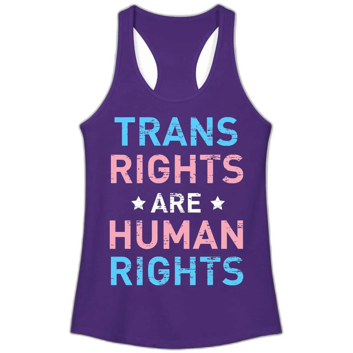Distressed typography design reading 'TRANS RIGHTS ARE HUMAN RIGHTS' in cyan, pink, and white text with decorative stars on gray background in Solid Purple Rush