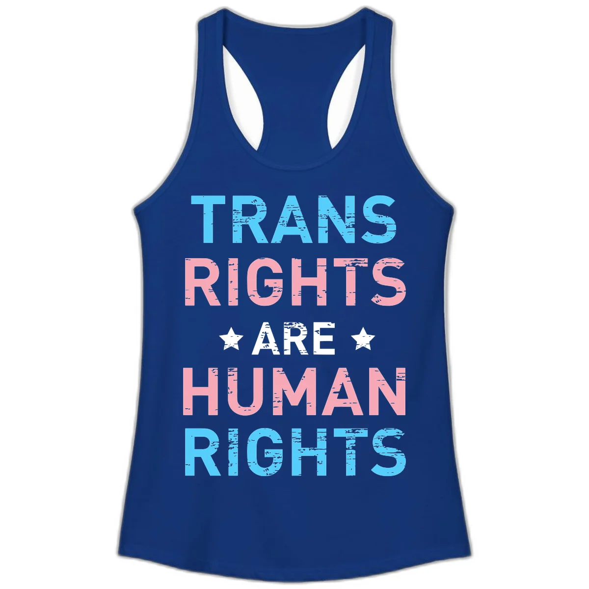 Distressed typography design reading 'TRANS RIGHTS ARE HUMAN RIGHTS' in cyan, pink, and white text with decorative stars on gray background in Solid Royal