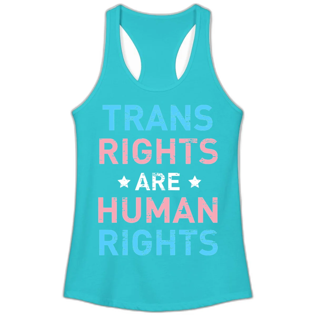 Distressed typography design reading 'TRANS RIGHTS ARE HUMAN RIGHTS' in cyan, pink, and white text with decorative stars on gray background in Solid Tahiti Blue
