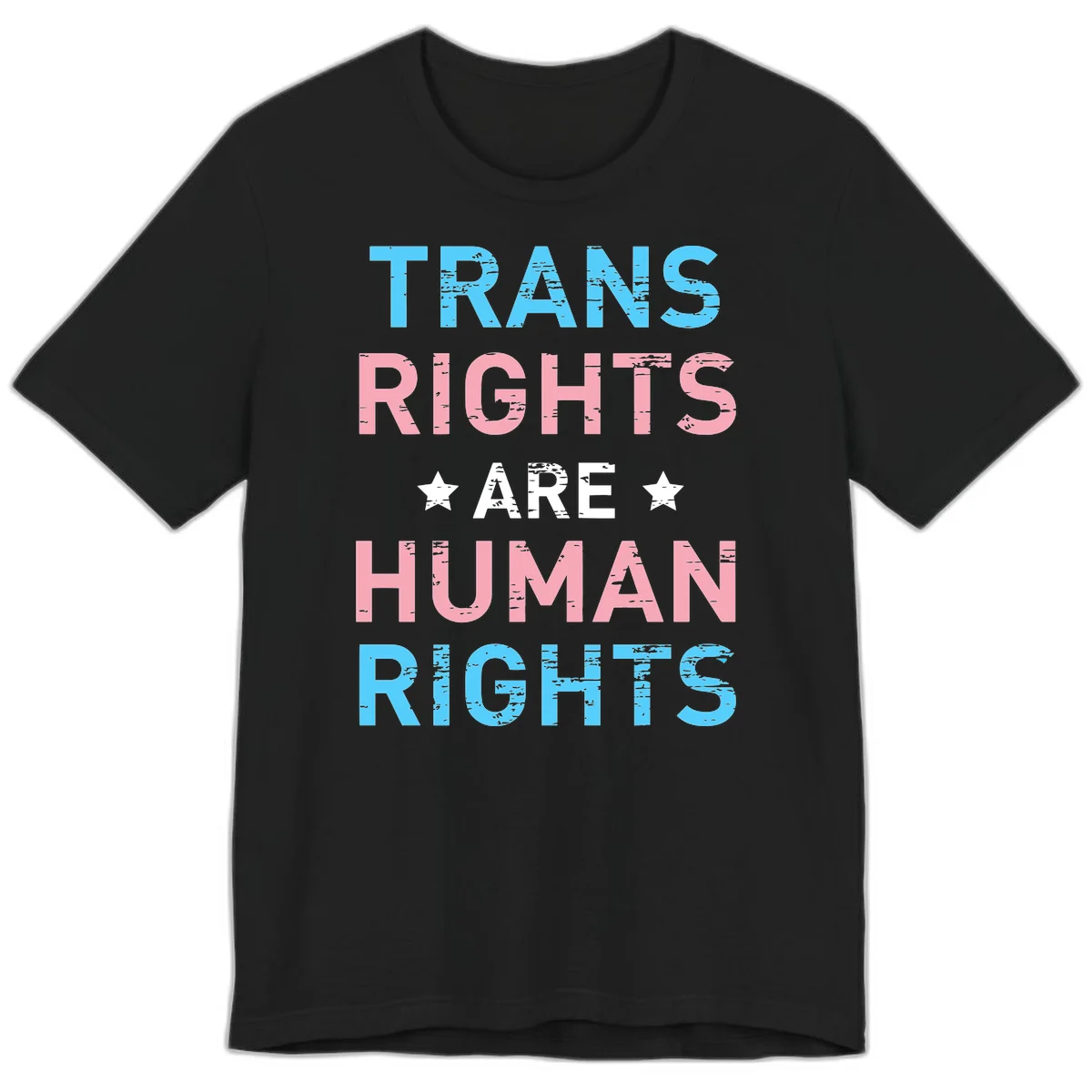 Distressed typography design reading 'TRANS RIGHTS ARE HUMAN RIGHTS' in cyan, pink, and white text with decorative stars on gray background in Black