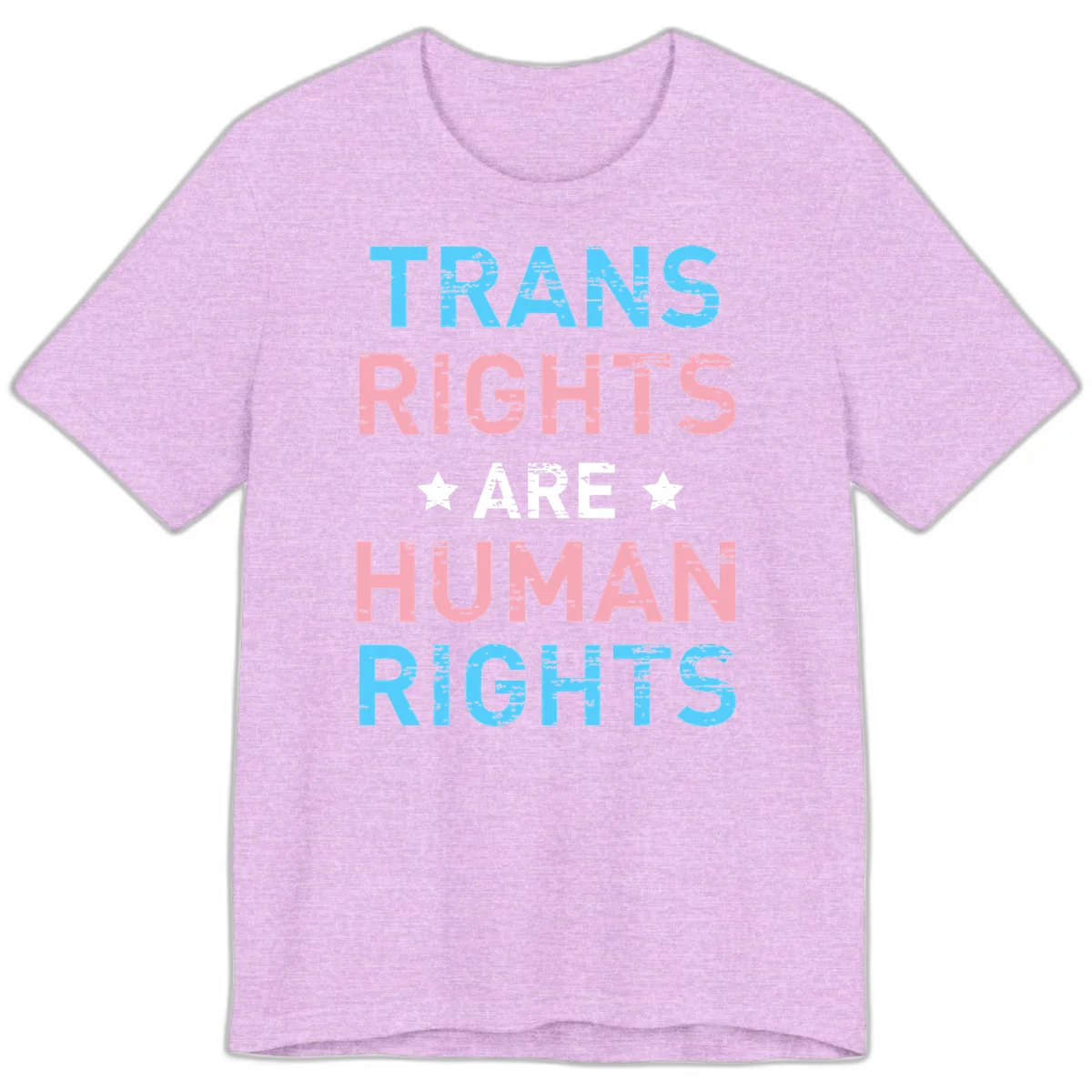 Distressed typography design reading 'TRANS RIGHTS ARE HUMAN RIGHTS' in cyan, pink, and white text with decorative stars on gray background in Heather Prism Lilac