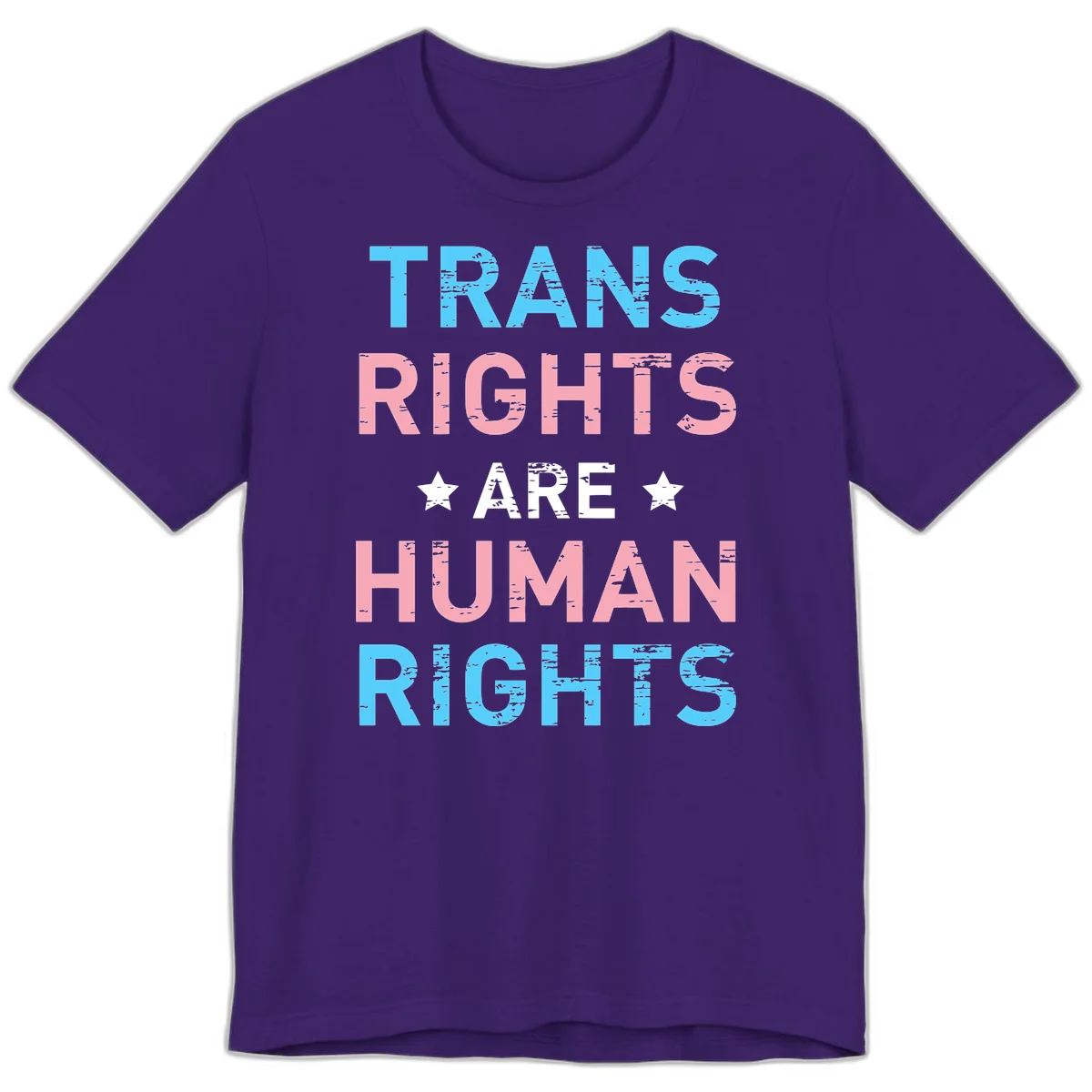 Distressed typography design reading 'TRANS RIGHTS ARE HUMAN RIGHTS' in cyan, pink, and white text with decorative stars on gray background in Team Purple