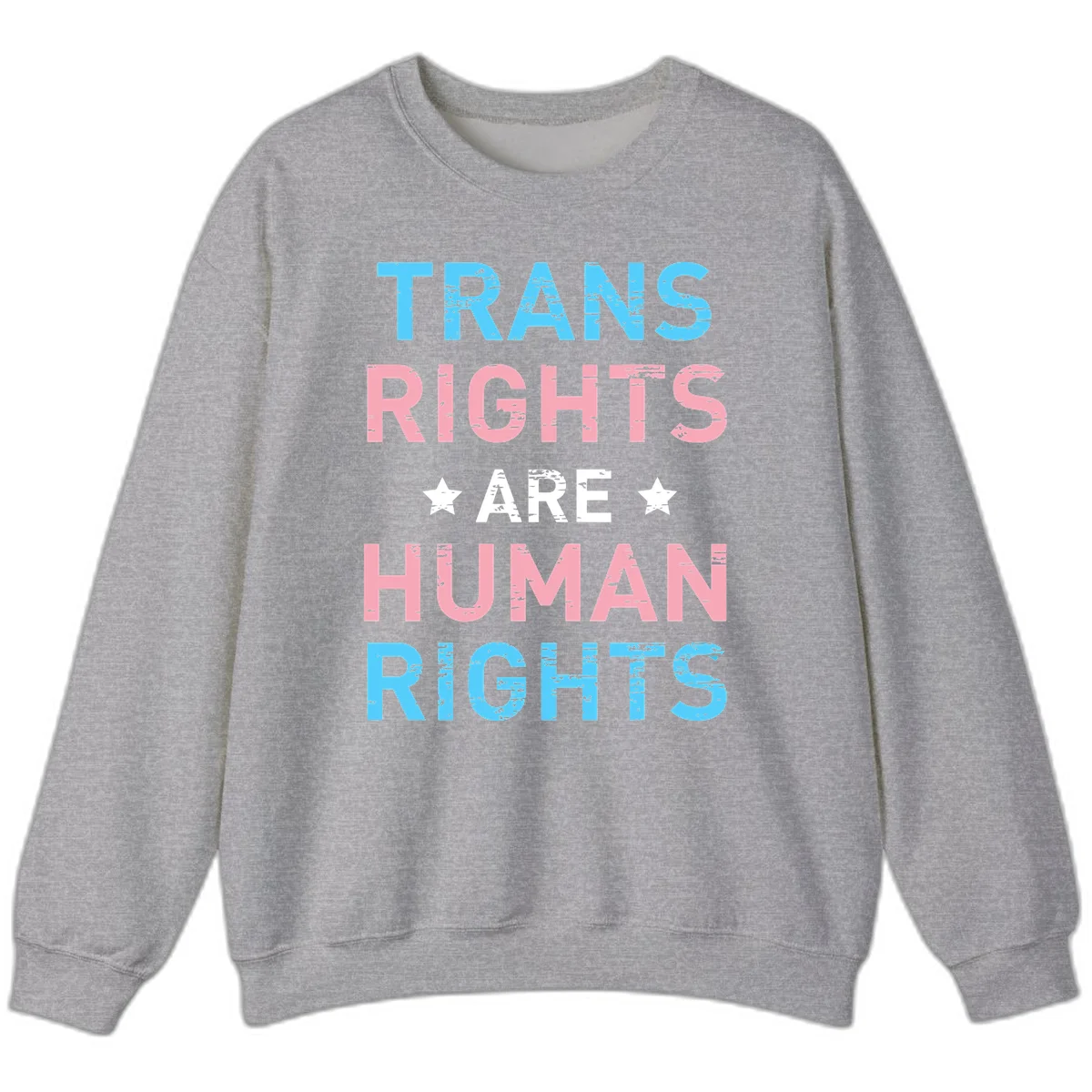 Distressed typography design reading 'TRANS RIGHTS ARE HUMAN RIGHTS' in cyan, pink, and white text with decorative stars on gray background in Sport Grey