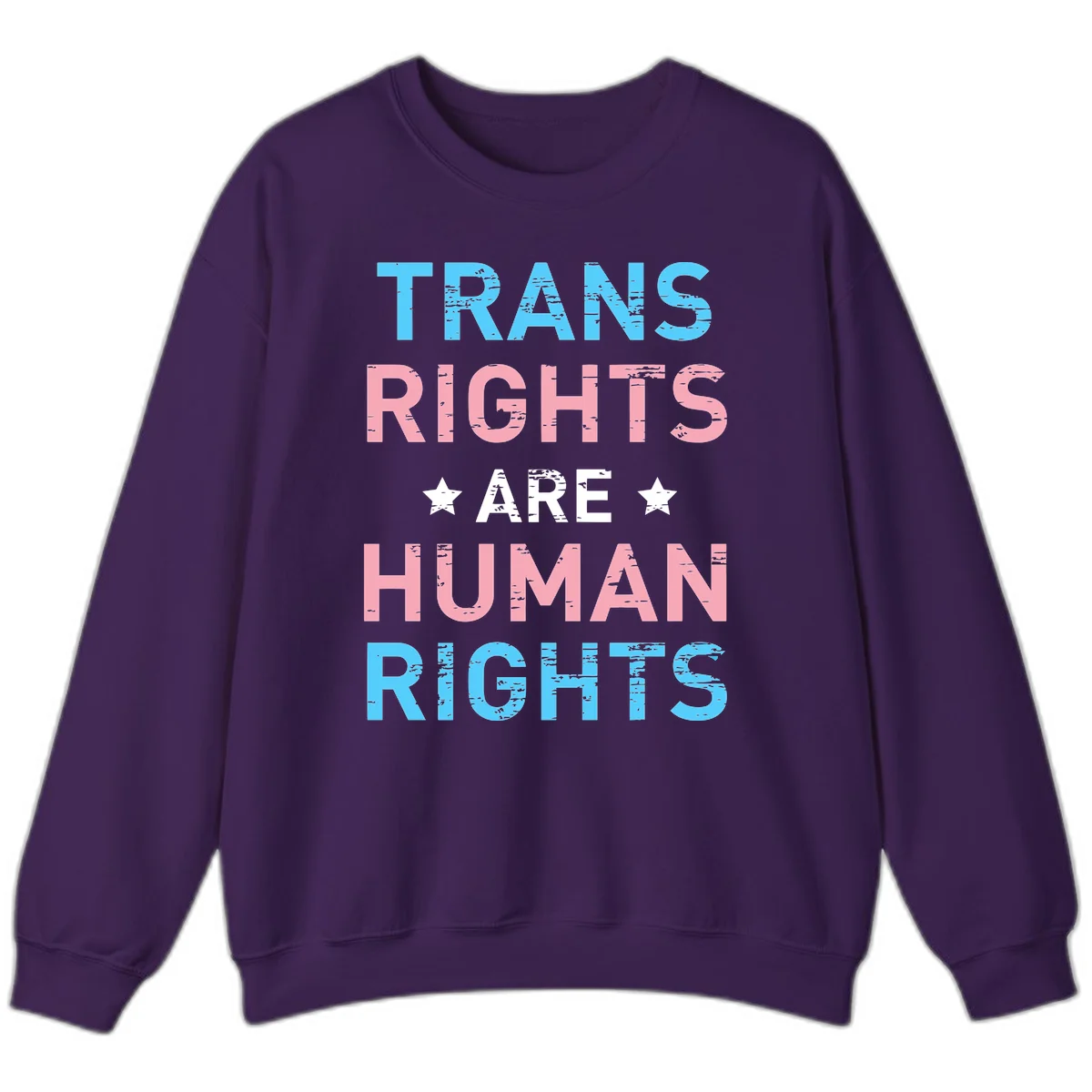Distressed typography design reading 'TRANS RIGHTS ARE HUMAN RIGHTS' in cyan, pink, and white text with decorative stars on gray background in Purple