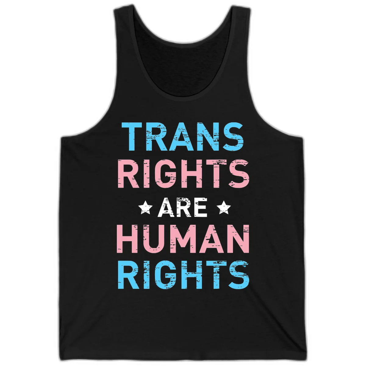 Distressed typography design reading 'TRANS RIGHTS ARE HUMAN RIGHTS' in cyan, pink, and white text with decorative stars on gray background in Black