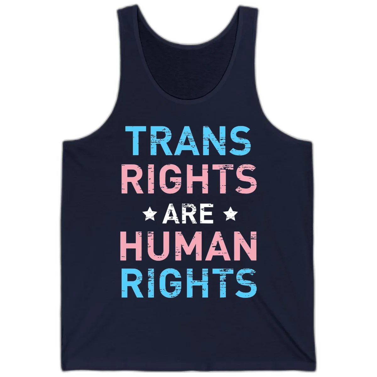 Distressed typography design reading 'TRANS RIGHTS ARE HUMAN RIGHTS' in cyan, pink, and white text with decorative stars on gray background in Navy