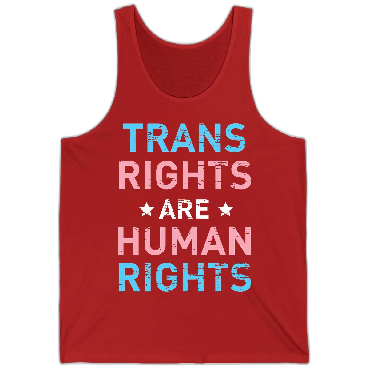 Distressed typography design reading 'TRANS RIGHTS ARE HUMAN RIGHTS' in cyan, pink, and white text with decorative stars on gray background in Red