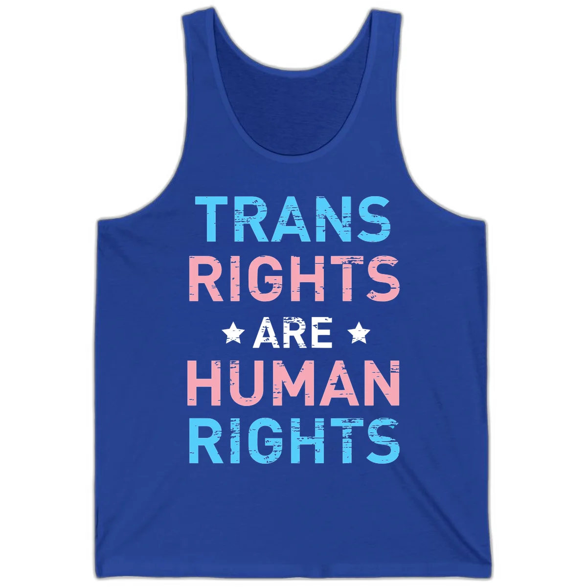 Distressed typography design reading 'TRANS RIGHTS ARE HUMAN RIGHTS' in cyan, pink, and white text with decorative stars on gray background in True Royal