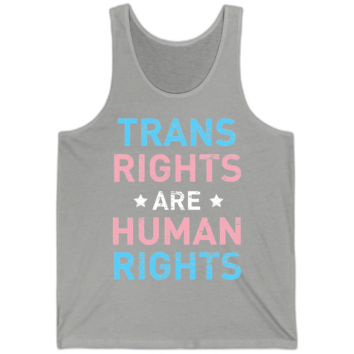 Distressed typography design reading 'TRANS RIGHTS ARE HUMAN RIGHTS' in cyan, pink, and white text with decorative stars on gray background in Athletic Heather