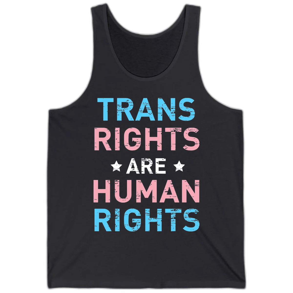 Distressed typography design reading 'TRANS RIGHTS ARE HUMAN RIGHTS' in cyan, pink, and white text with decorative stars on gray background in Dark Grey