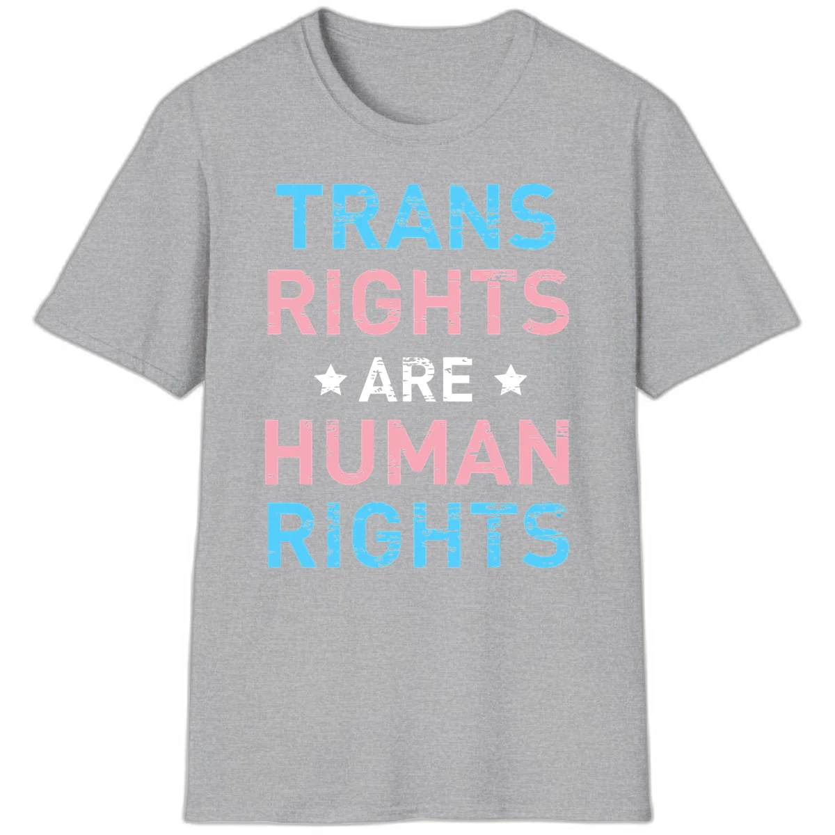 Distressed typography design reading 'TRANS RIGHTS ARE HUMAN RIGHTS' in cyan, pink, and white text with decorative stars on gray background in Sport Grey