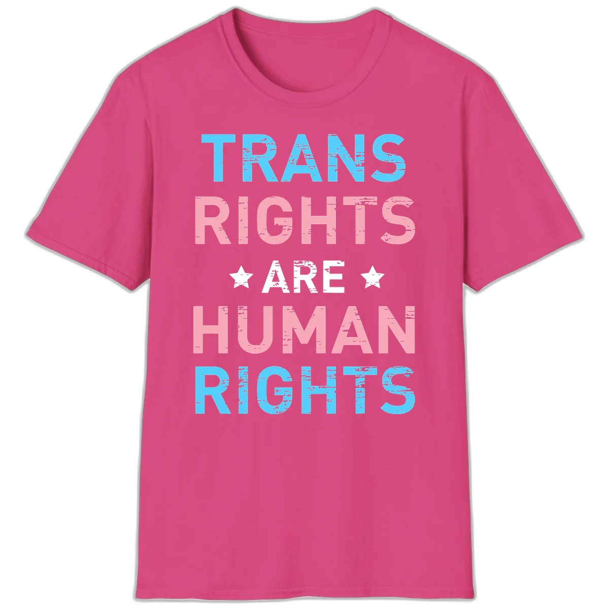 Distressed typography design reading 'TRANS RIGHTS ARE HUMAN RIGHTS' in cyan, pink, and white text with decorative stars on gray background in Heliconia