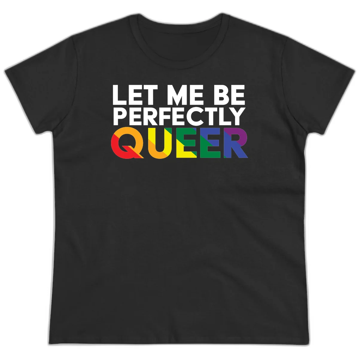 White text reading 'LET ME BE PERFECTLY QUEER' with the word QUEER in rainbow pride colors on gray background in Black