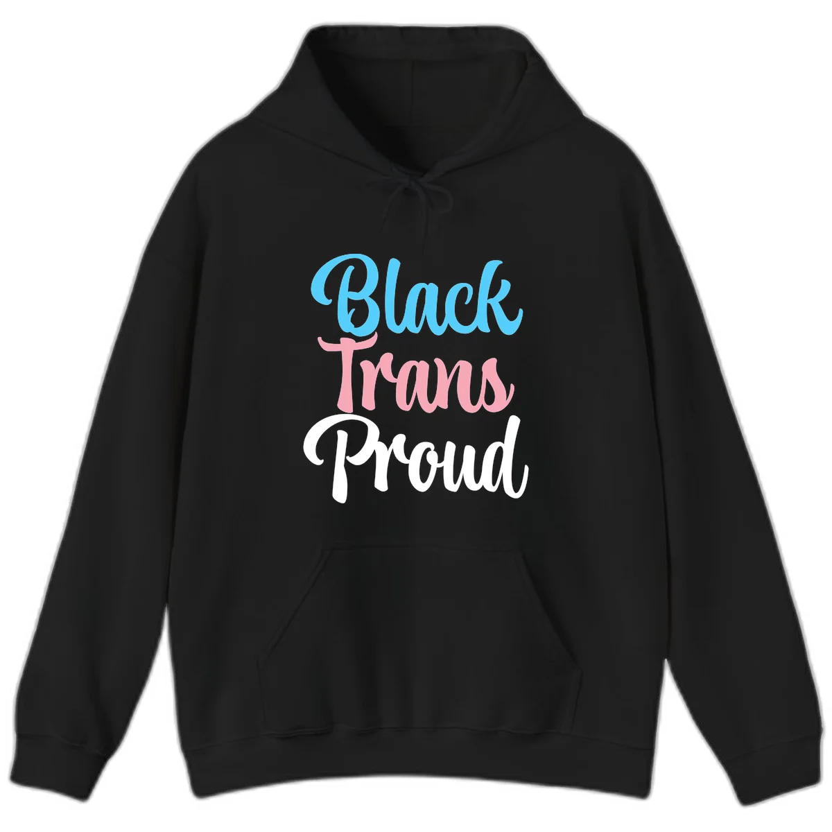Block Trans Proud design with stacked text in cyan, pink, and white typography on gray background in Black