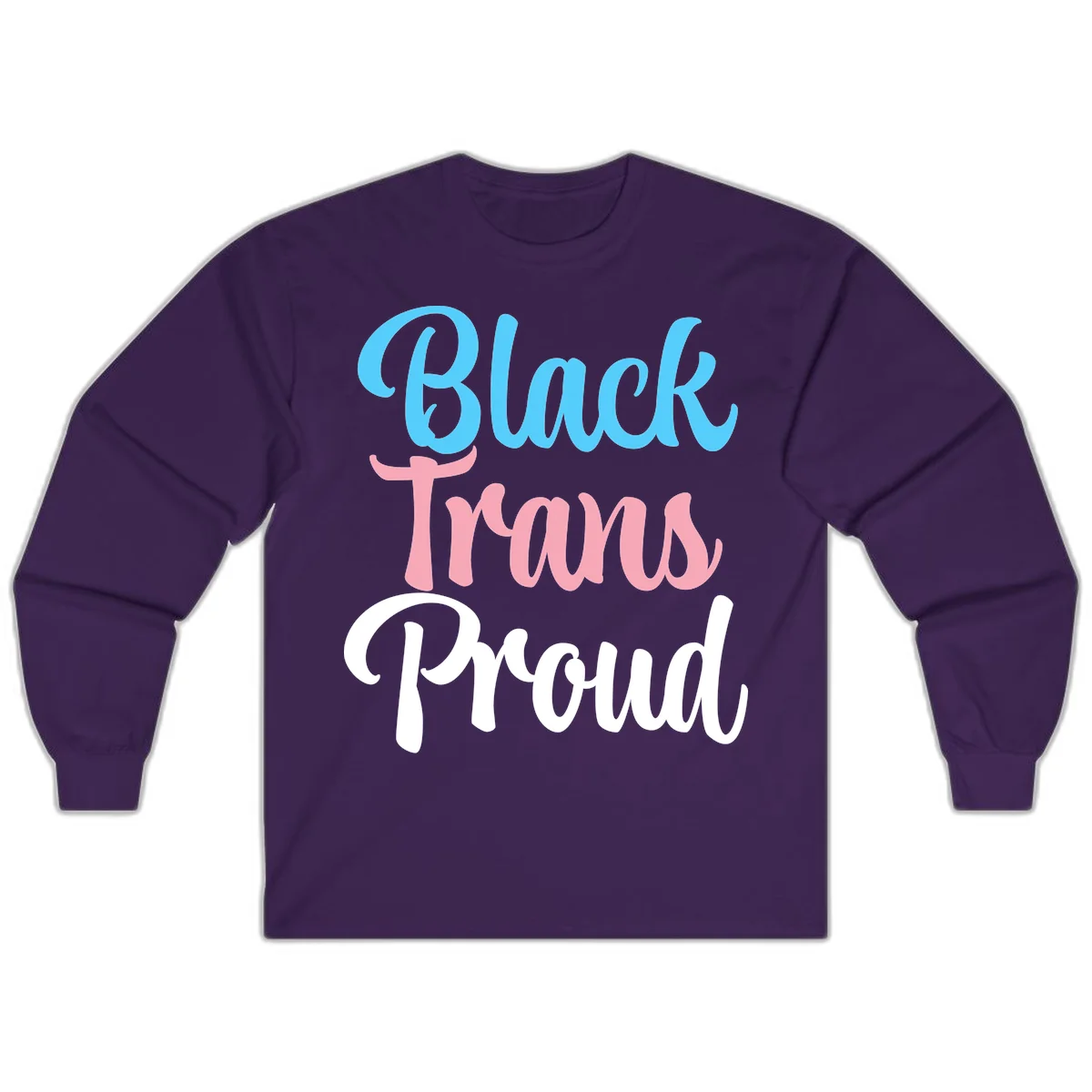 Block Trans Proud design with stacked text in cyan, pink, and white typography on gray background in Purple