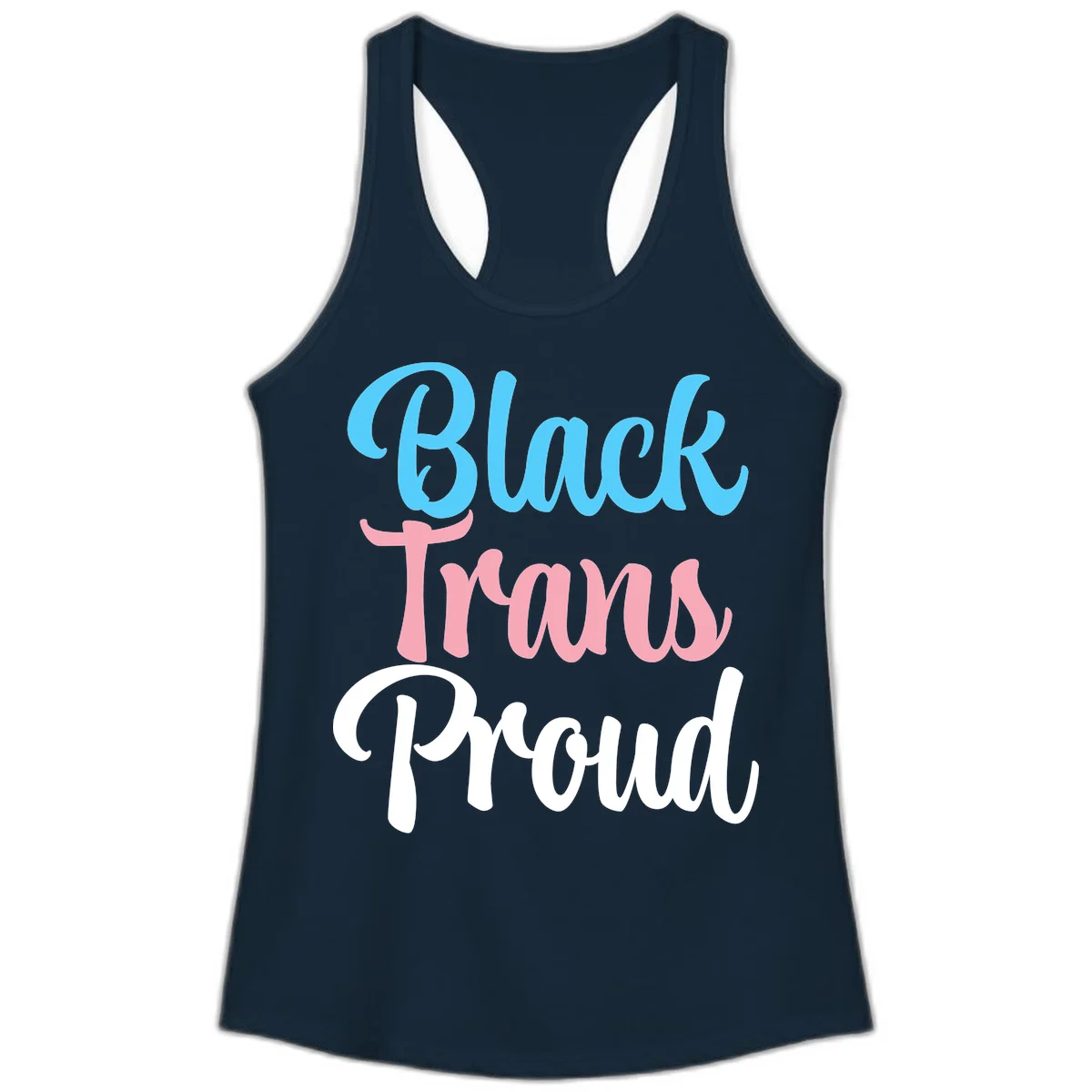 Block Trans Proud design with stacked text in cyan, pink, and white typography on gray background in Solid Midnight Navy